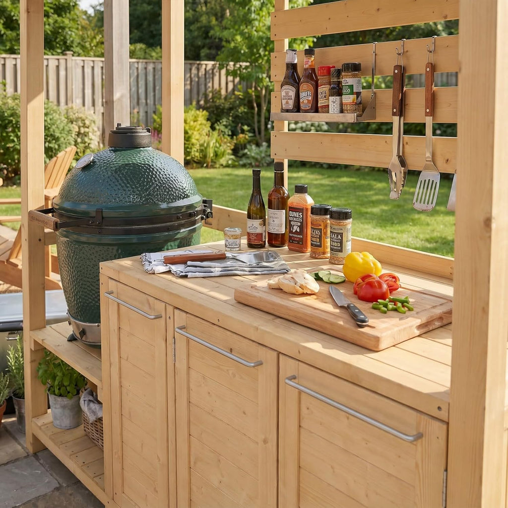 MOUMON 6.7FT Outdoor Grill Gazebo with Trash Bin Cabinet, Cedar Wood BBQ Pavilion with Shelves & Cabinet, Patio Entertain Shade Pavilion for Backyard Garden Beige