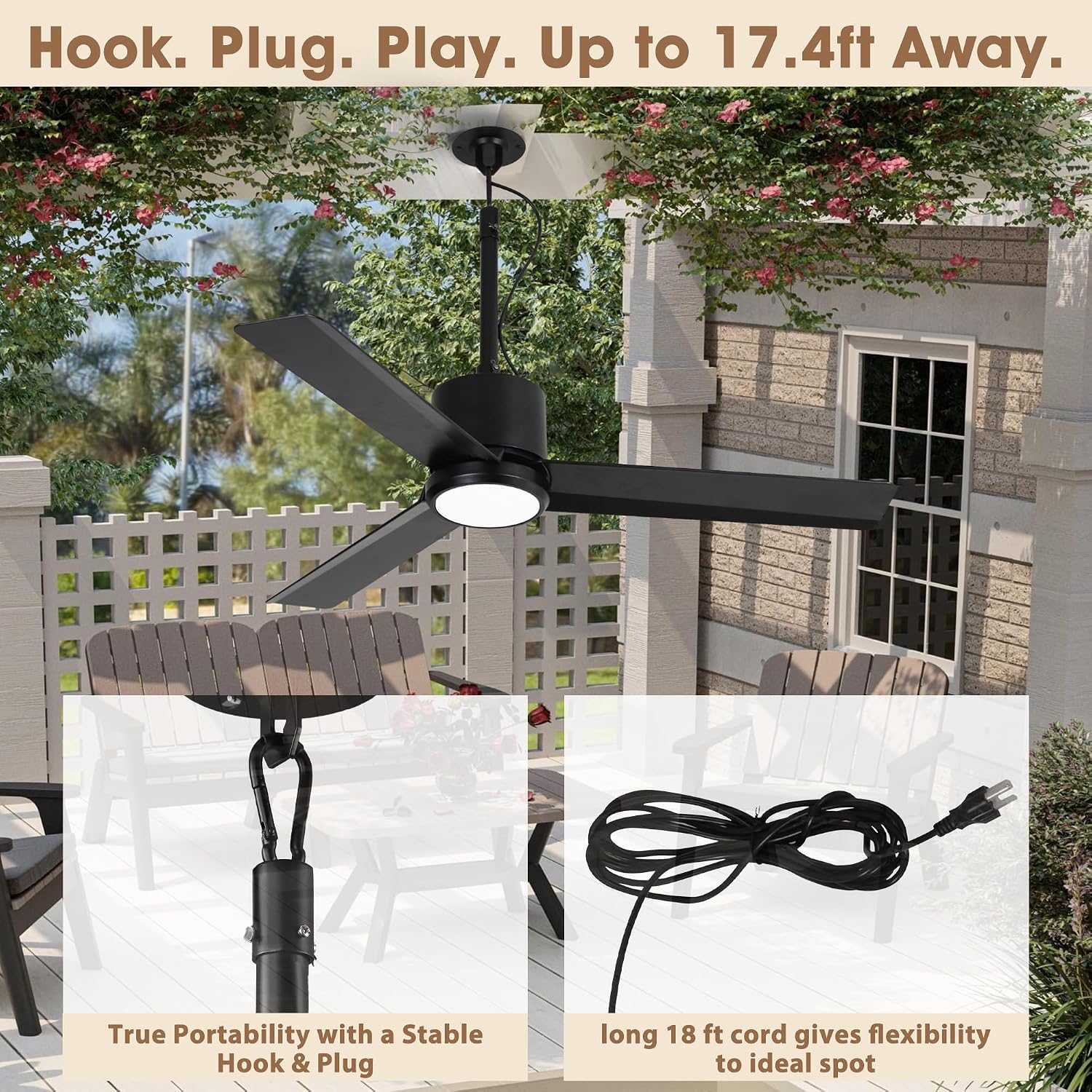 42' Outdoor Ceiling Fan with Light & Remote - IP65 Waterproof Plug in Hanging Fan, 6-Speed Upgrade DC Motor, 1850LM Dimmable LED for Patio, Porch, Gazebo, Pergola,Black