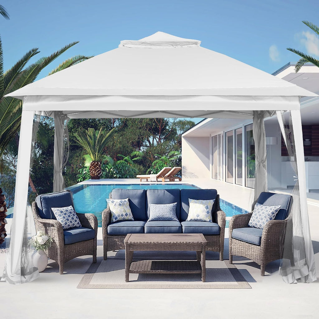 11x11 Pop Up Camping Shelters Tent, Outdoor Tent with Netting, Outdoor Shelters for Backyard, Screen House with Wheeled Cover Bag, White.