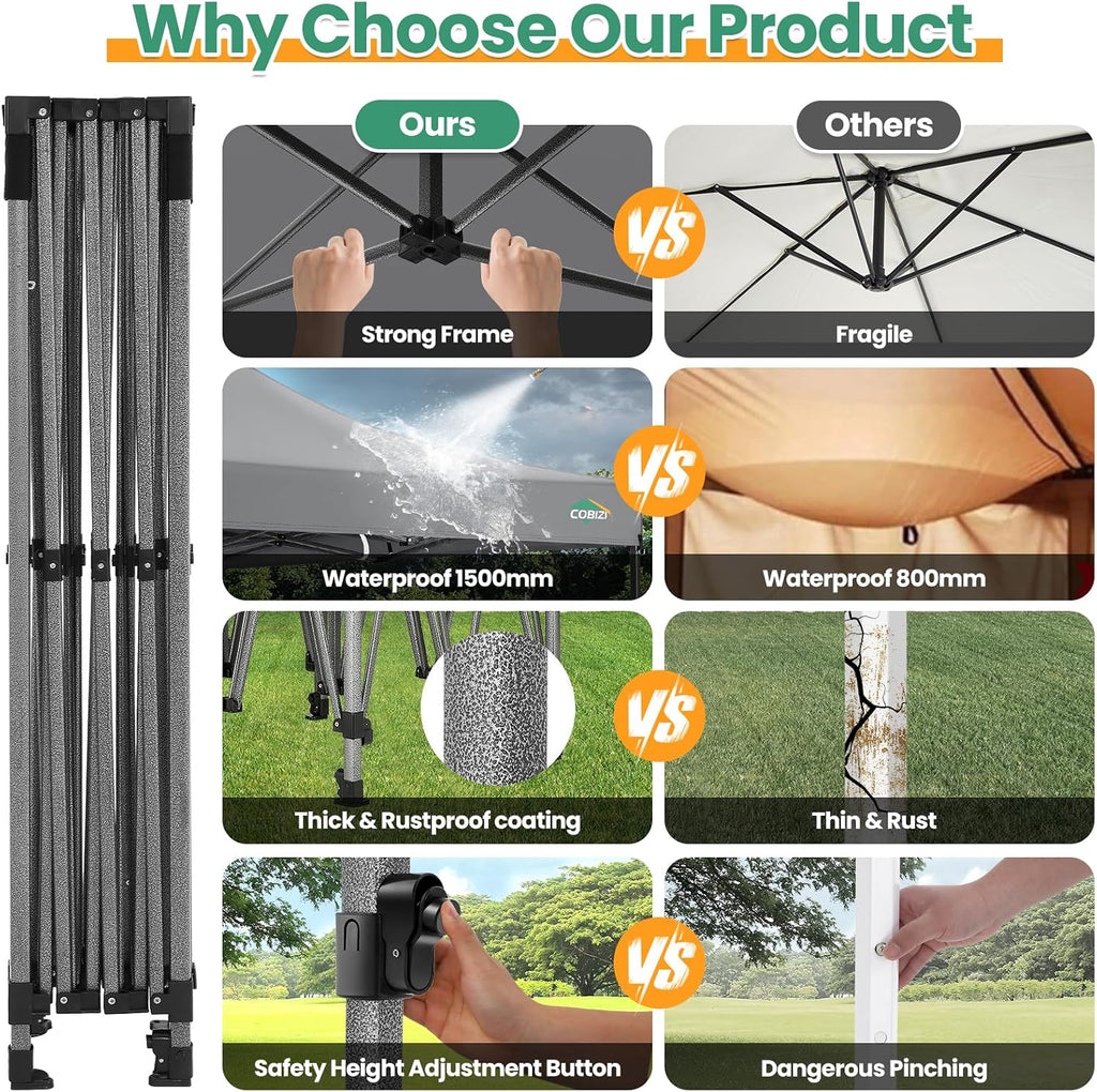 COBIZI 10x15 FT Heavy Duty Pop up Canopy with 4 Removable Sidewalls, Easy up Gazebo High Stability, All Weather Sunshade 100% Waterproof Outdoor Canopy Tents with Carry Bag, Gray