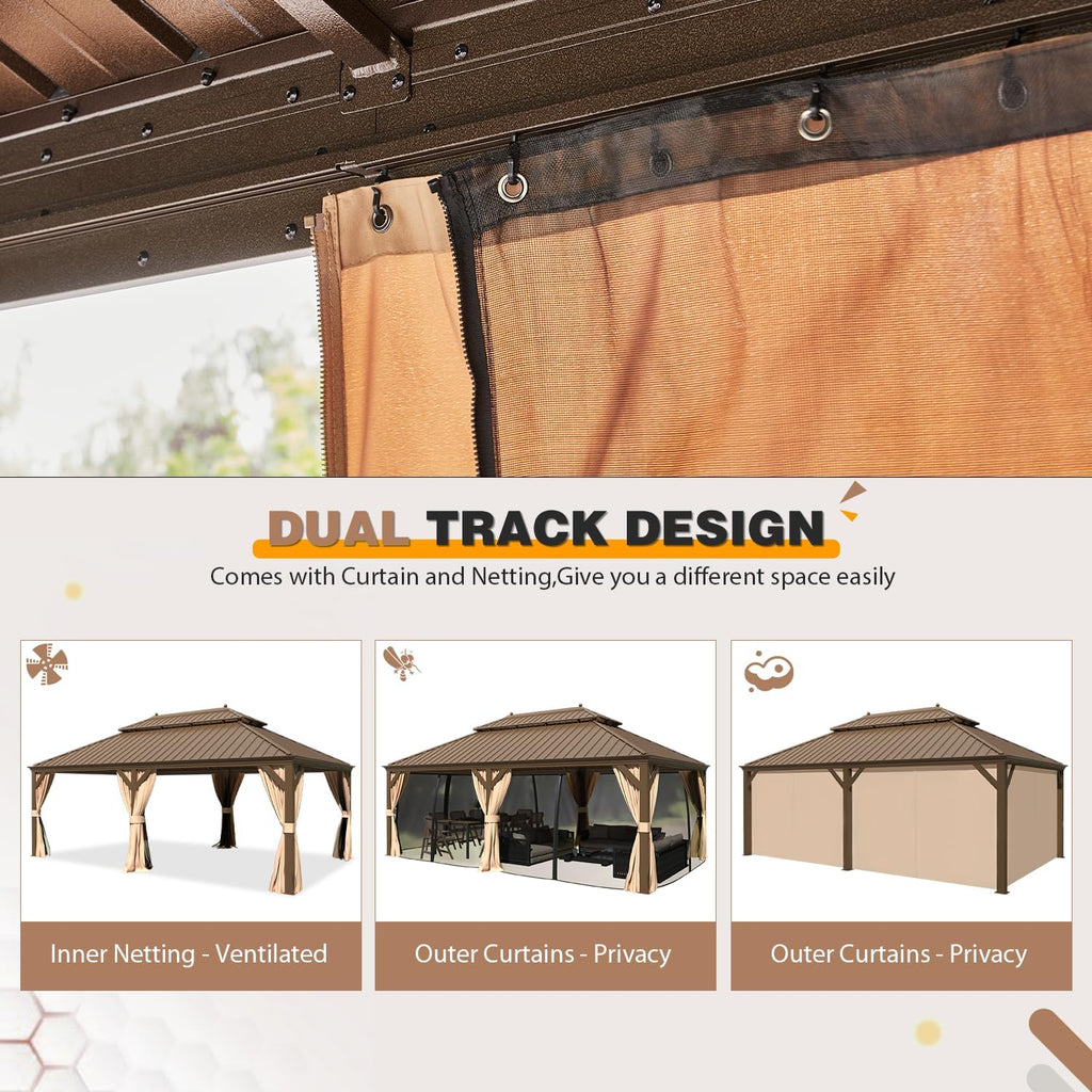 EROMMY 12'x22' Hardtop Gazebo, Galvanized Steel Double Roof Canopy with Aluminum Frame Permanent Metal Pavilion with Netting and Curtains for Patio Backyard Deck and Lawns