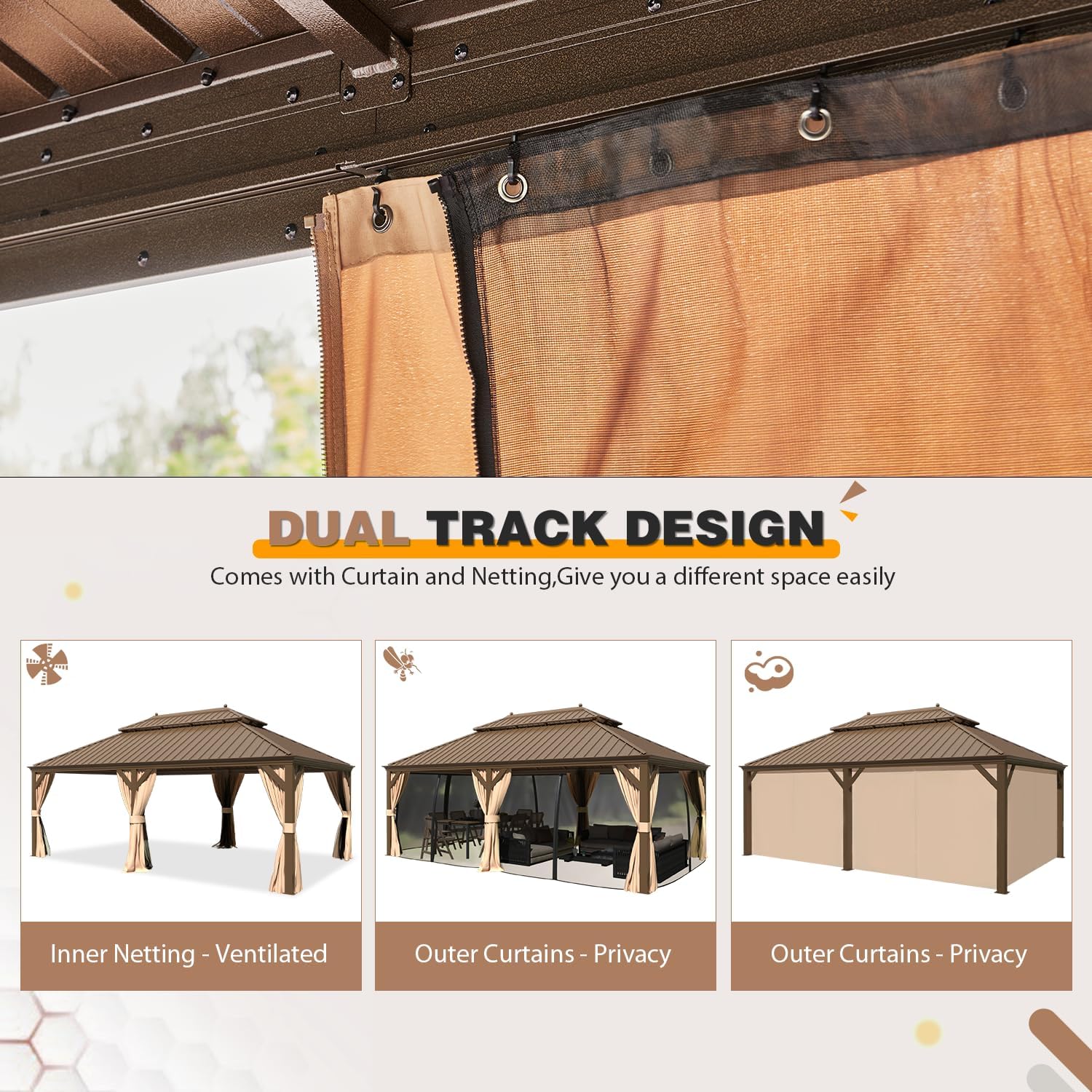 EROMMY 12'x22' Hardtop Gazebo, Galvanized Steel Double Roof Canopy with Aluminum Frame Permanent Metal Pavilion with Netting and Curtains for Patio Backyard Deck and Lawns