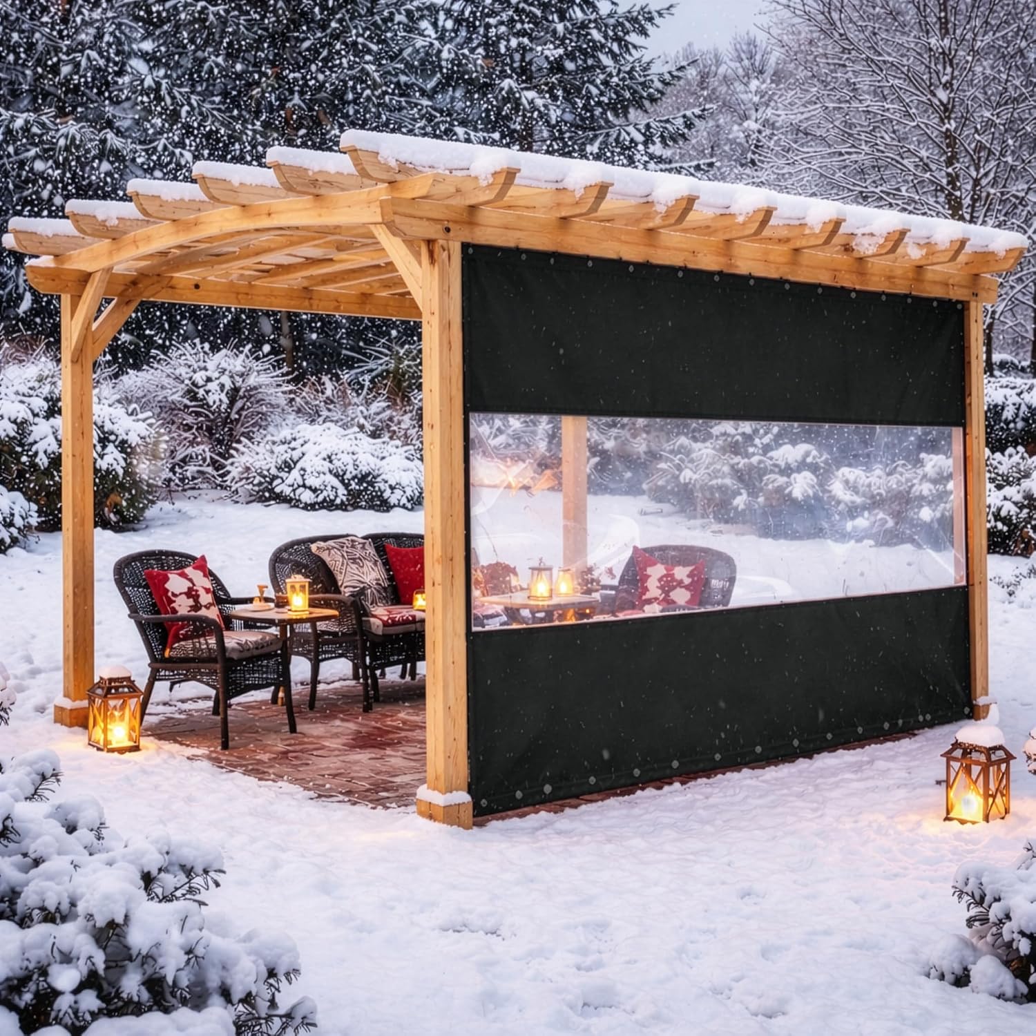 Covers & All Vinyl Outdoor Curtains for Patio Waterproof – 12 oz Outdoor Clear Panel Curtains, Gazebo Curtains with Brass Grommets for Pergola, Porch & Patio Walls for Winter (8 x 7 ft, Black)