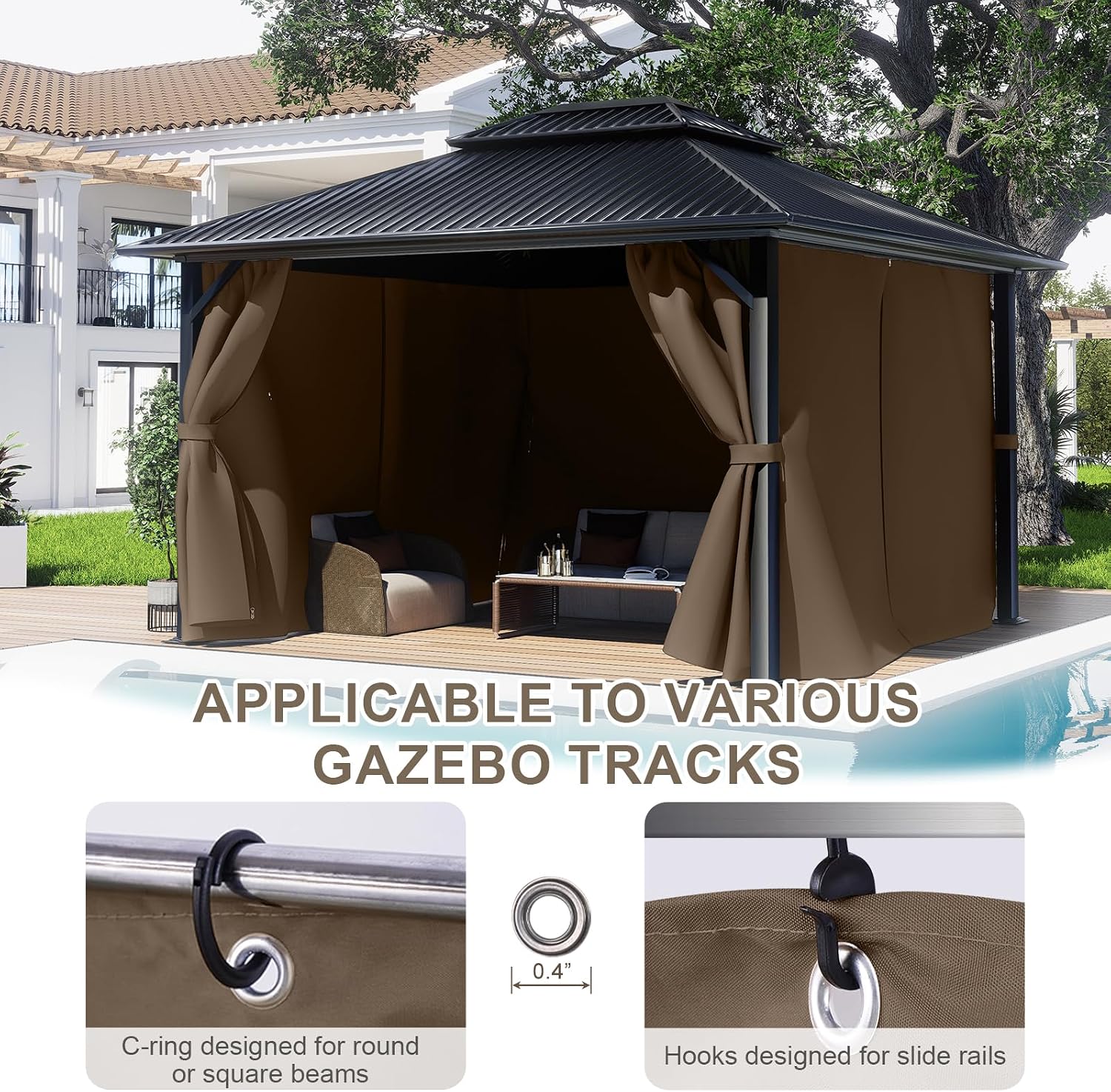 BPS 12' x 16' Gazebo Privacy Curtains with Double Zipper, 4-Panels Side Wall Universal Gazebo Side Panels Replacement for Patio, Outdoor Canopy, Garden and Backyard (Curtain Only)