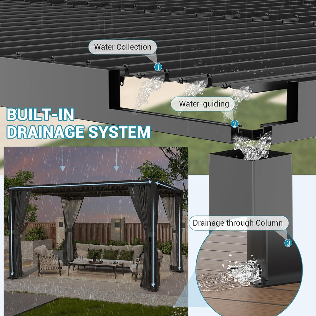 LVUYOYO Louvered Pergola 10' x 12', Outdoor Pergola with Adjustable Roof, Patio Aluminum Frame Metal Gazebo with Curtains and Netting for Patio, Backyard, Garden, Deck (Black)