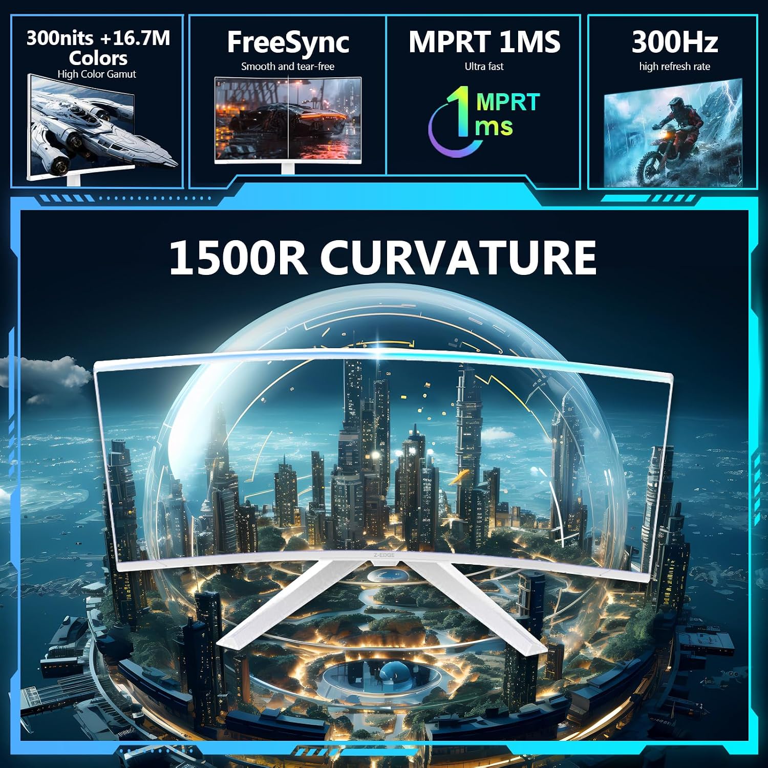 Z-Edge 27 inch Curved Gaming Monitor, FHD 1080P 300Hz Curved Monitor 1500R Computer Monitor, MPRT 1ms Monitor, 16.7M Colors, UG27S 2X DP 1.4 Ports and 2X HDMI 2.0 Ports (White)