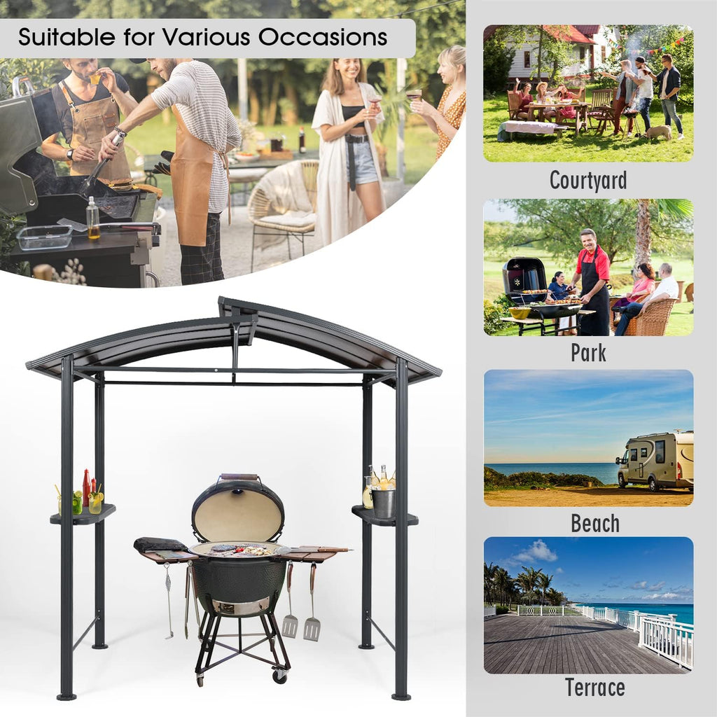 Aoodor 8 x 5 ft. BBQ Grill Gazebo Shelter, Dark Gray Steel Frame and Brown Double-Tier Polycarbonate Top Canopy, with Side Shelves, for Outdoor, Patio, Backyard