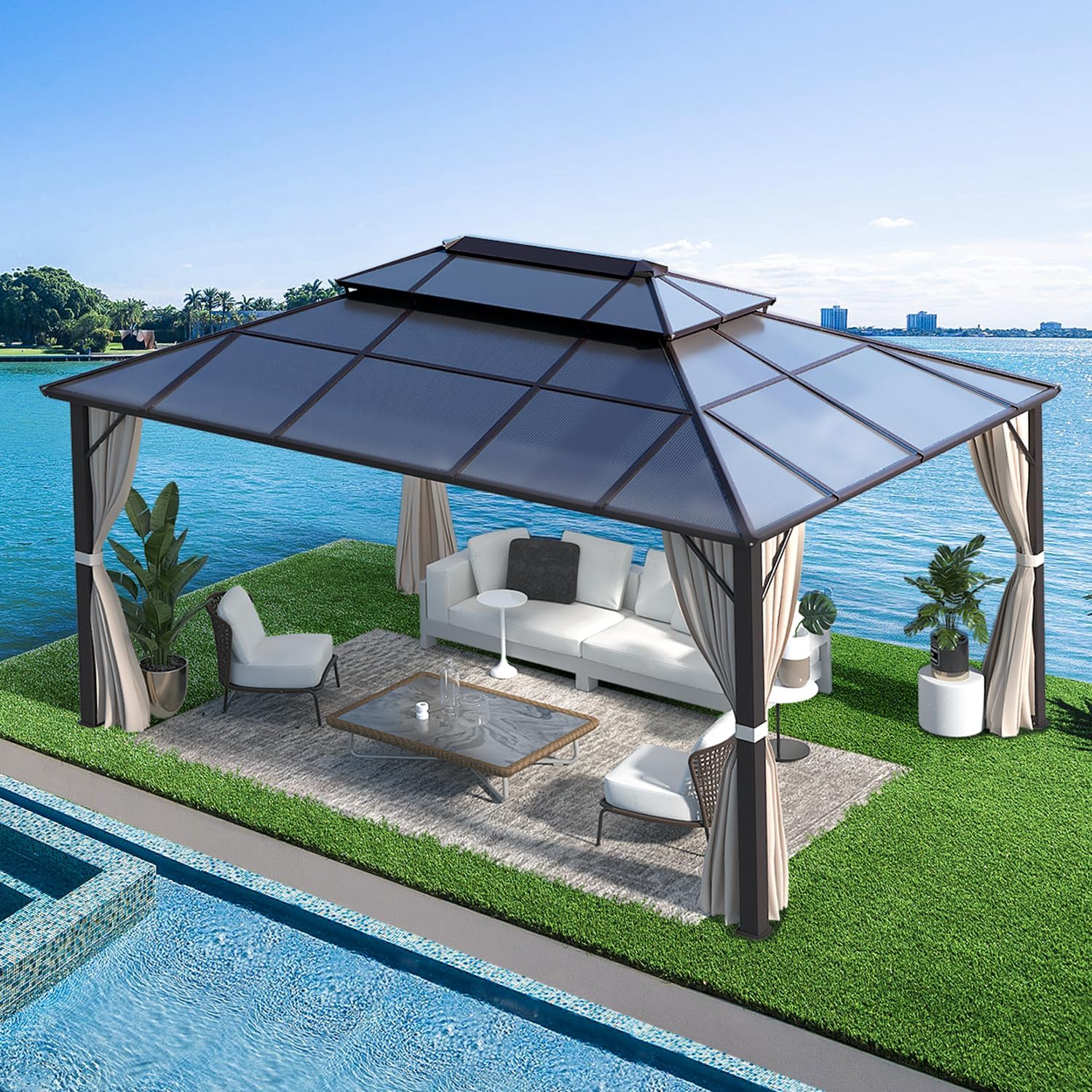 MELLCOM 12x16ft Outdoor Polycarbonate Double Hardtop Roof Gazebo, Aluminum Furniture Gazebo Canopy with Netting and Curtains for Garden, Patio, Lawns, Party and Deck