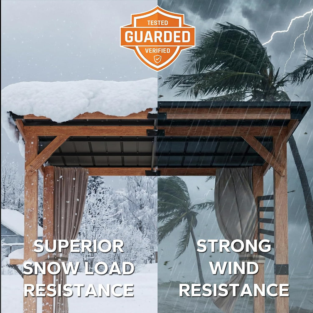 10x12 Cedar Wood Gazebo - Galvanized Steel Frame, Weatherproof Sloping Metal Hardtop with Privacy Screens | Permanent Patio Gazebo for Backyard Grilling & Outdoor Gatherings