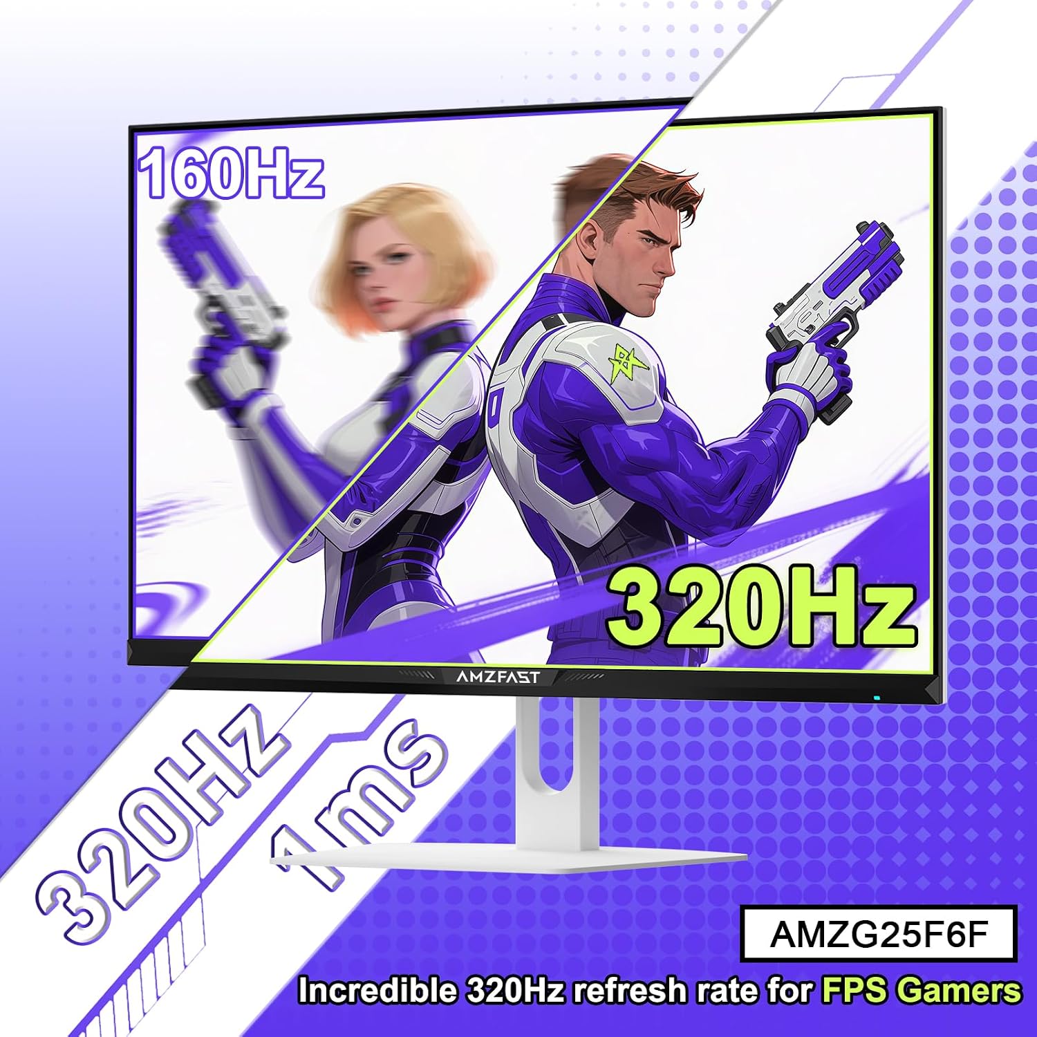 Amzfast 25 Inch White Gaming Monitor 320Hz/300Hz/240Hz, FHD 1080P 1ms Fast IPS Monitor, 12 Months Warranty Exchange (DP Cable) TÜV Rheinland Eye Care | AI Crosshair, Night Vision Function