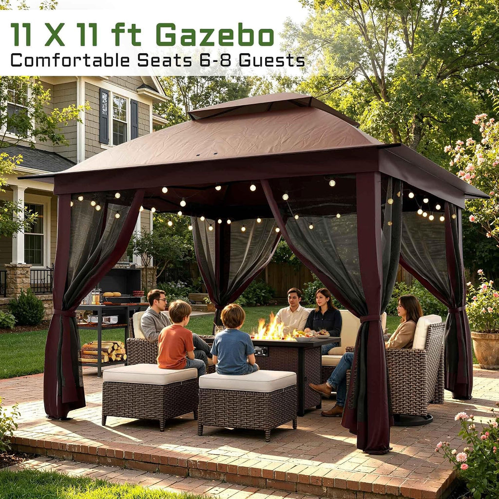 11'X11' Gazebo Pop Up with 4 Sidewalls Mosquito Netting, Heavy Duty Patio Gazebo Canopy Tent with Double Air Roofs for Backyards, Patios, Decks, Gardens, Parks