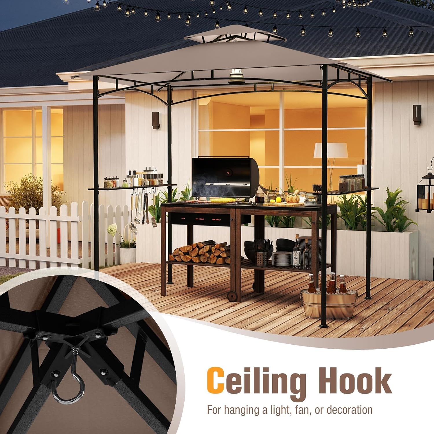 Tangkula 8x5 Ft Grill Gazebo, 2-Tier Barbecue Gazebo with 2 Shelves, 6 Hooks, Metal Frame, Outdoor Grill Canopy for Backyard Garden Poolside (Brown)
