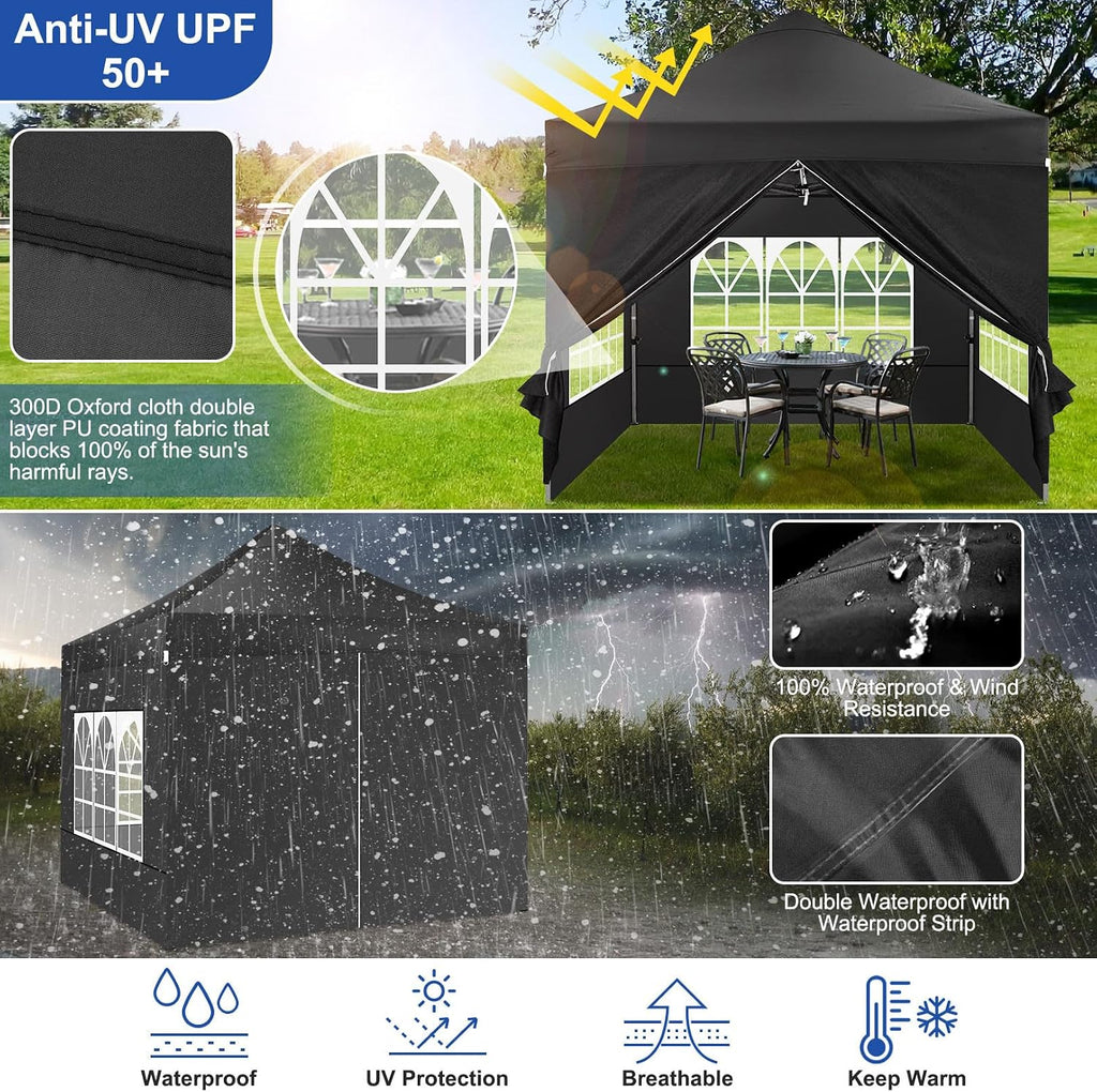 COBIZI 10x10 Heavy Duty Pop Up Canopy Tent with 4 Sidewalls Thicken Frame, Commercial Easy Up Outdoor Wedding Party Tents, All Season Waterproof Windproof with Stakes Sandbags Ropes Roller Bag, Black