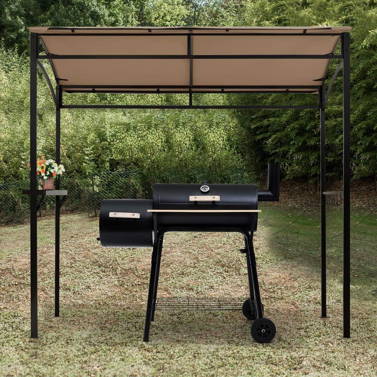 Moccha 7x4.4ft Grill Gazebo, Outdoor BBQ Gazebo with Storage Shelf, Hanging Hooks, Beer Opening Setting, Heavy-Duty Metal Frame, Grill Canopy Tent Sunshade Awning for Backyard, Patio, Garden, Brown