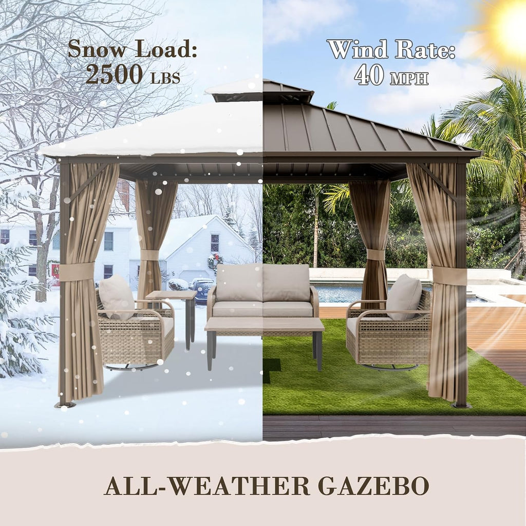 EAGLE PEAK 12x12 Hardtop Gazebo, Galvanized Steel Double Roof with Aluminum Frame, Outdoor Pavilion with Netting and Curtains for Patio, Deck, Lawn and Garden, Dark Brown/Tan