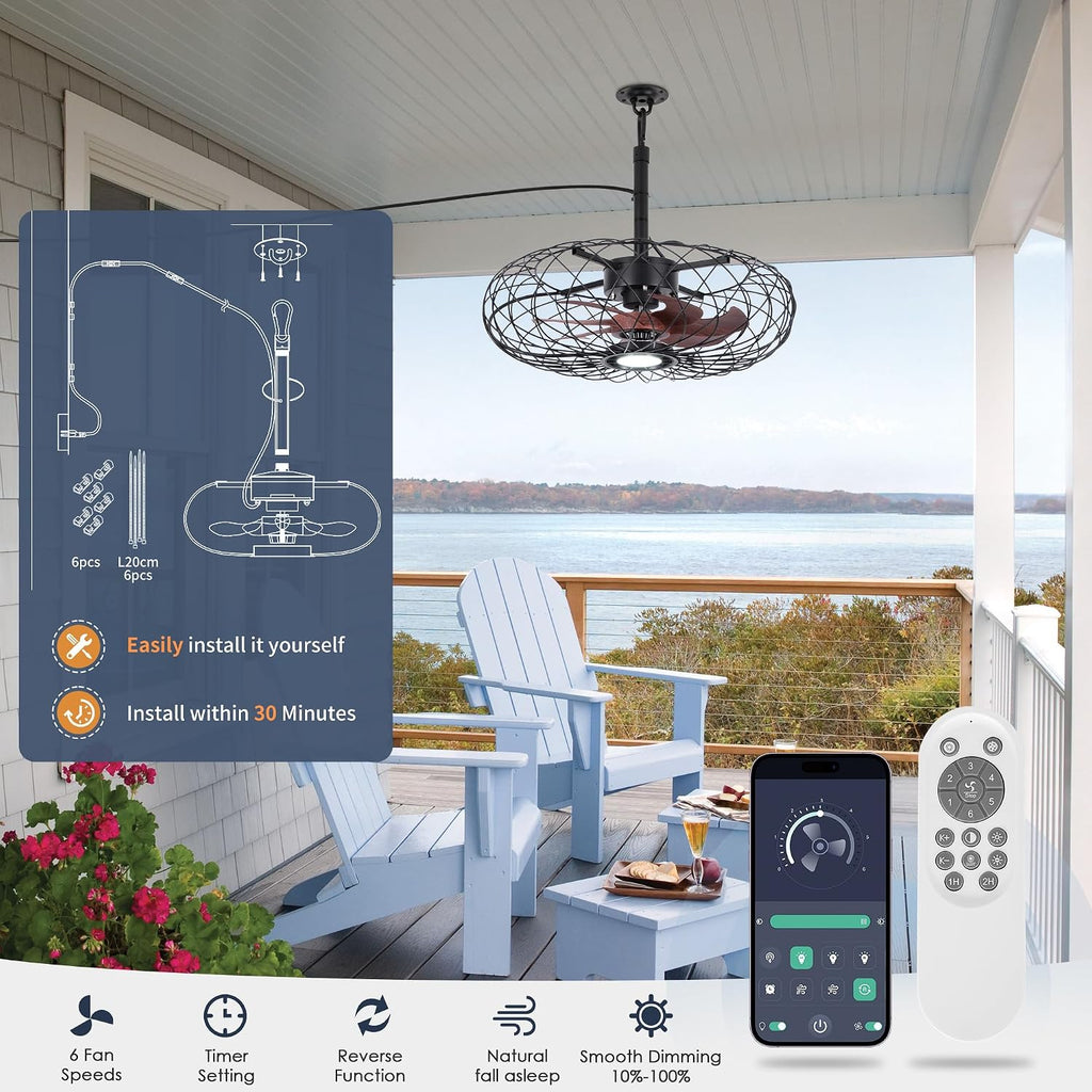 Miuyhji Black Outdoor Ceiling Fans with LED Light, 20' Waterproof Gazebo Fan Plug in Caged Industrial Fandelier Ceiling Fan with Remote, 6 Speeds Adjustable Height Fan for Bedroom Living Room Pergola