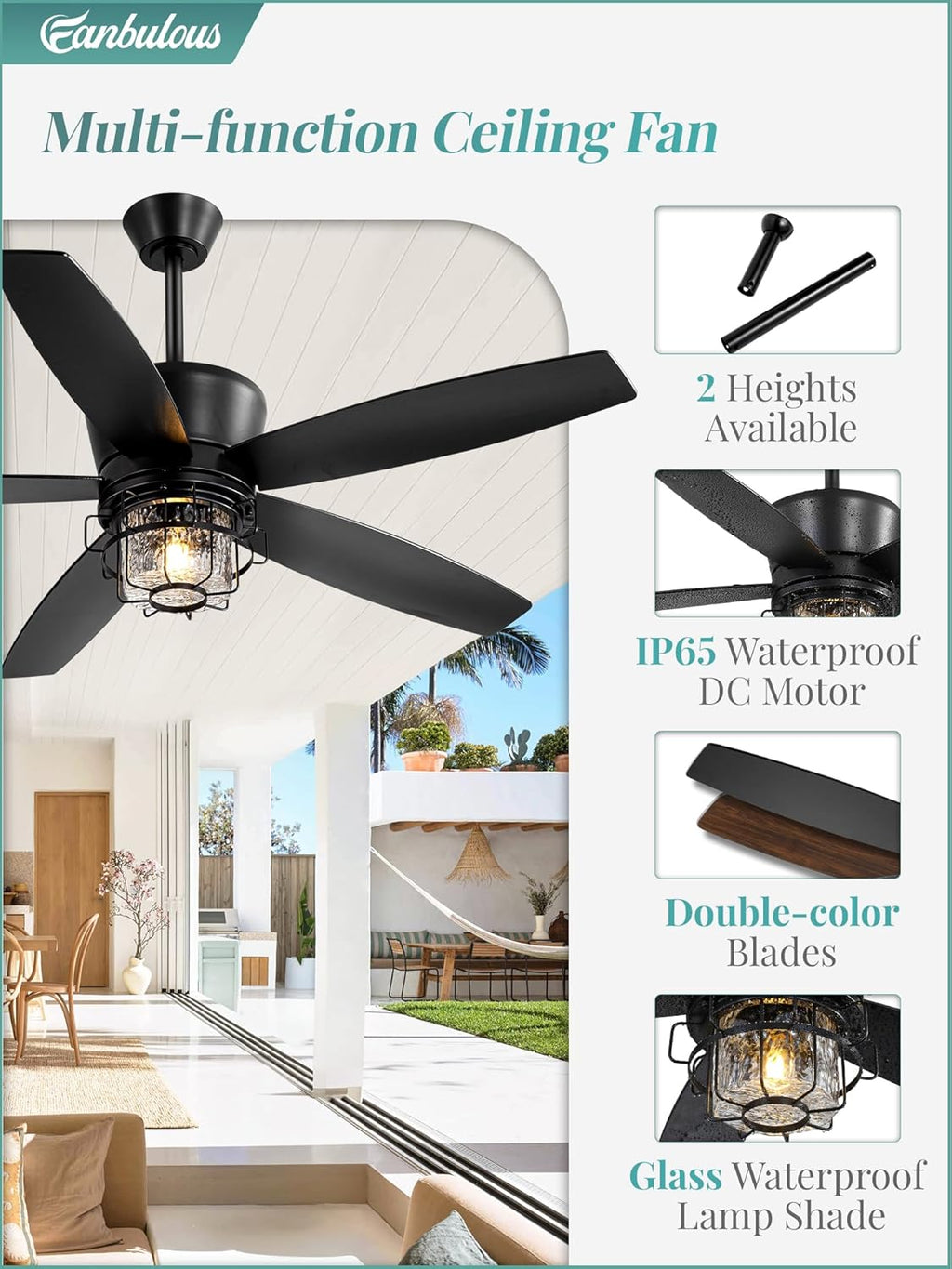 Fanbulous 52' Outdoor Ceiling Fans with Lights and Remote Control,IP65 Wet Rated Waterproof Ceiling Fan with 6-Speed DC Motor, Farmhouse Gazebo Fan for Porch Patios Pavilion（Black）
