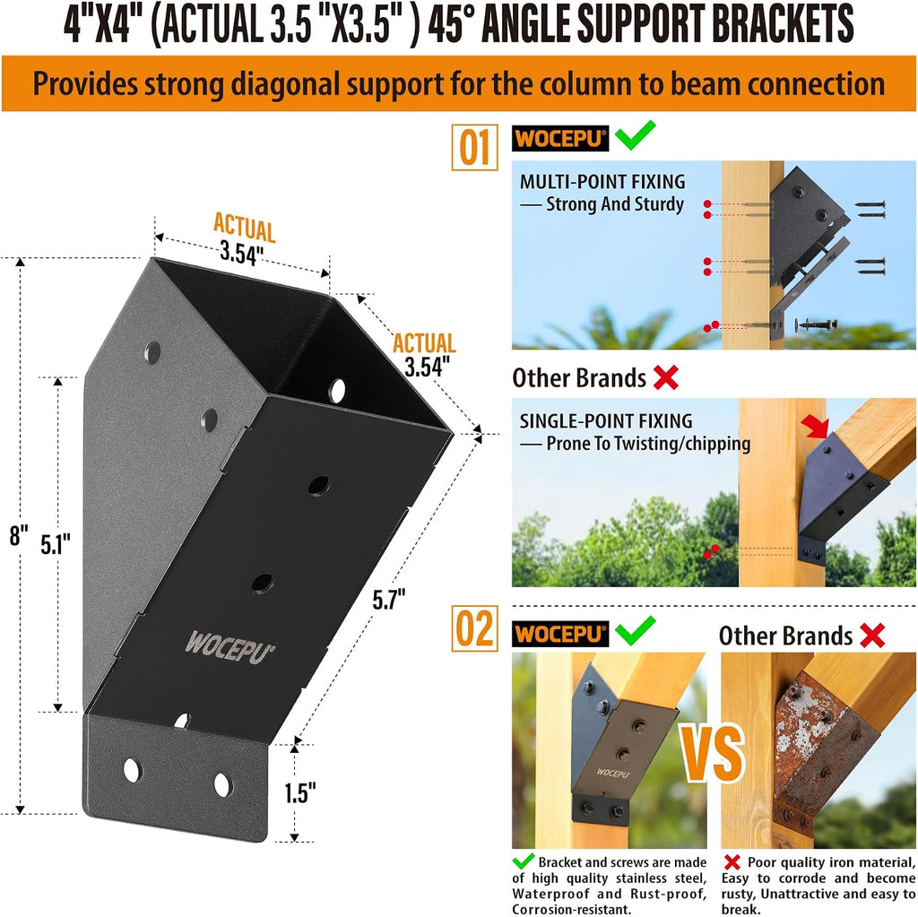 4pack 45 Degree Angle Support Bracket, for 4x4 (Actual 3.5''x3.5'') Pergolas, Gazebo, Deck Porch, Cabin Elevated Wood Support Bracket Support kit (Frosted-Black)