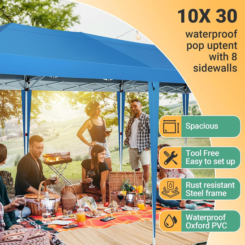 COBIZI 10x30 Pop Up Canopy Tent with 5 Sidewalls Party Tents for Parties Weddings Backyard Waterproof Commercial Instant Outdoor Events Tent with Stakes, Ropes,Sandbags（10 x 30 ft Blue