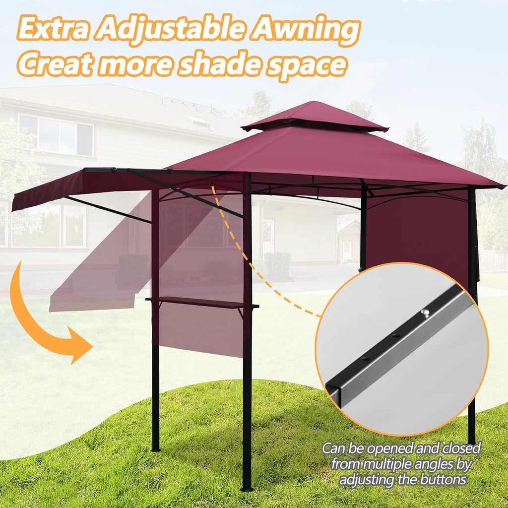 14 x 5Ft Grill Gazebo Outdoor BBQ Gazebo Canopy with Dual Side Awnings Double Tiered Grill Canopy for Patio, Garden, Beach (Red)