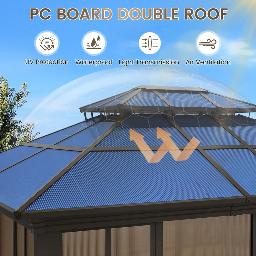 YOLENY 12x14 Sunroom Gazebo, Enclosed Outdoor Solarium with Tinted Polycarbonate Roof, 4 Lockable Sliding Doors & Aluminum Frame, Permanent Hardtop Patio Gazebo for Backyard