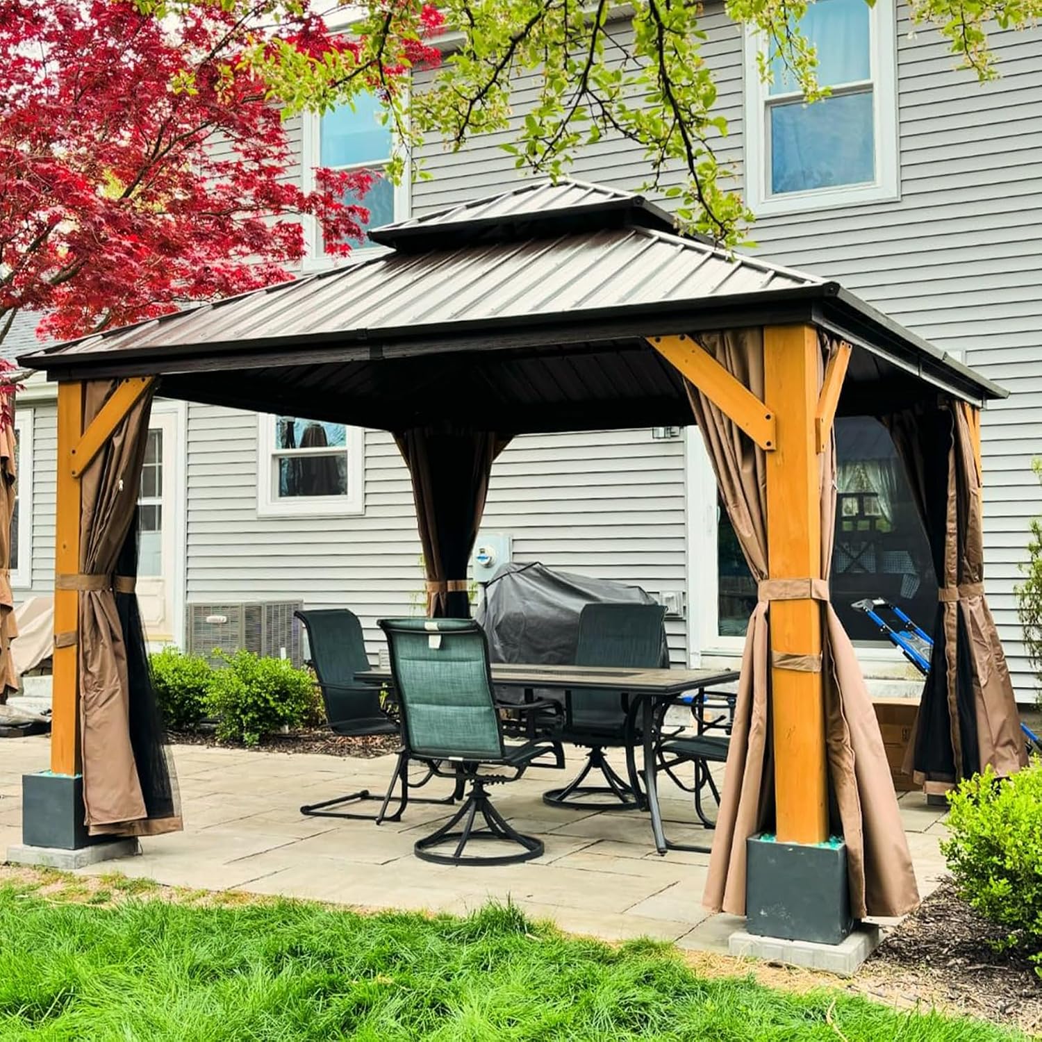 Domi Hardtop Gazebo 12'x12' Cedar Frame Wood Gazebo with Galvanized Steel Double Roof, Outdoor Permanent Metal Gazebo with Curtains and Netting for Patio,Deck,Backyard