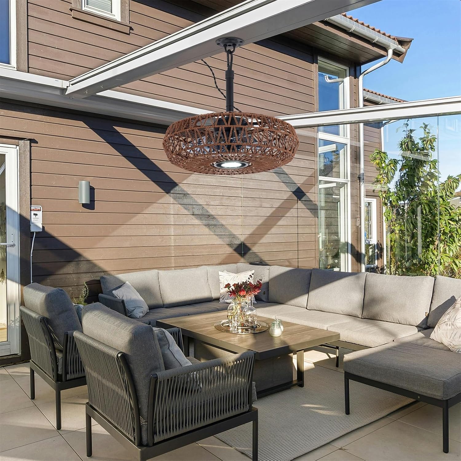She's home 20'' Outdoor Gazebo Fan with Lights and Remote, Outside/Indoor Hanging Rattan Ceiling Fan, 3CCT Dimmable, 6-Speed DC Motor, Plug-in Wicker Woven Caged Ceiling Fans for Patio Porch Pergola