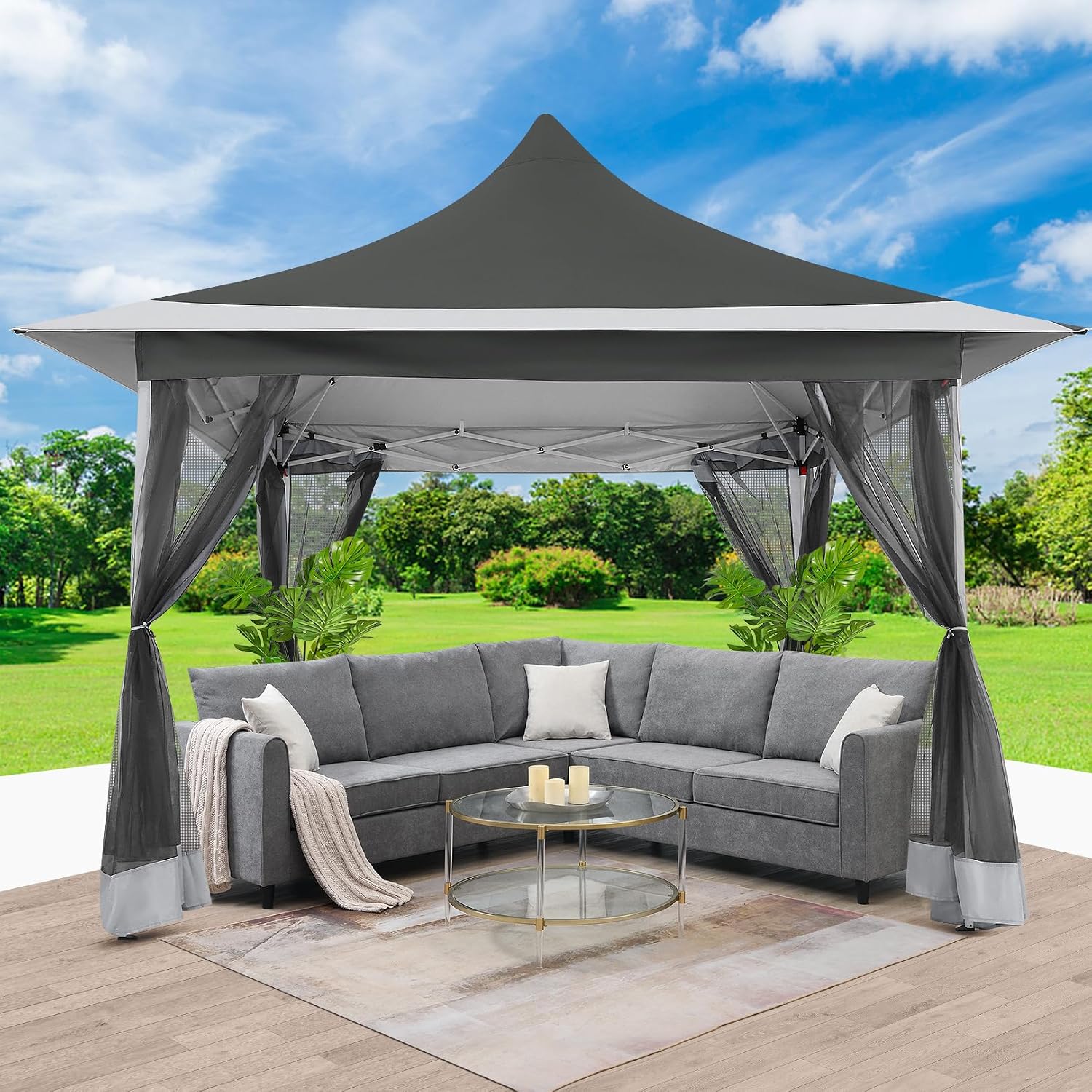 COBIZI 12x12 Pop up Canopy Gazebo on Clearance, Outdoor Canopy Tent with Mosquito Netting & Sandbags,Patio Portable Gazebo for Garden,Backyard & Lawn,Darkgrey