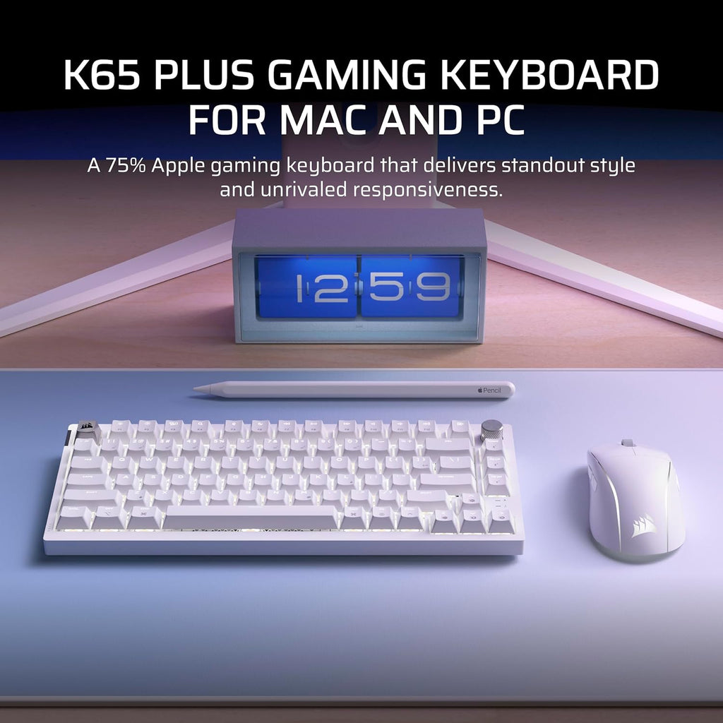 Corsair K65 Plus Wireless 75% RGB Hot-Swappable Mechanical Gaming Keyboard for Mac and iPad – Pre-Lubricated MLX Red v2 Linear Switches, Sound Dampening – QWERTY NA Layout – Frost White