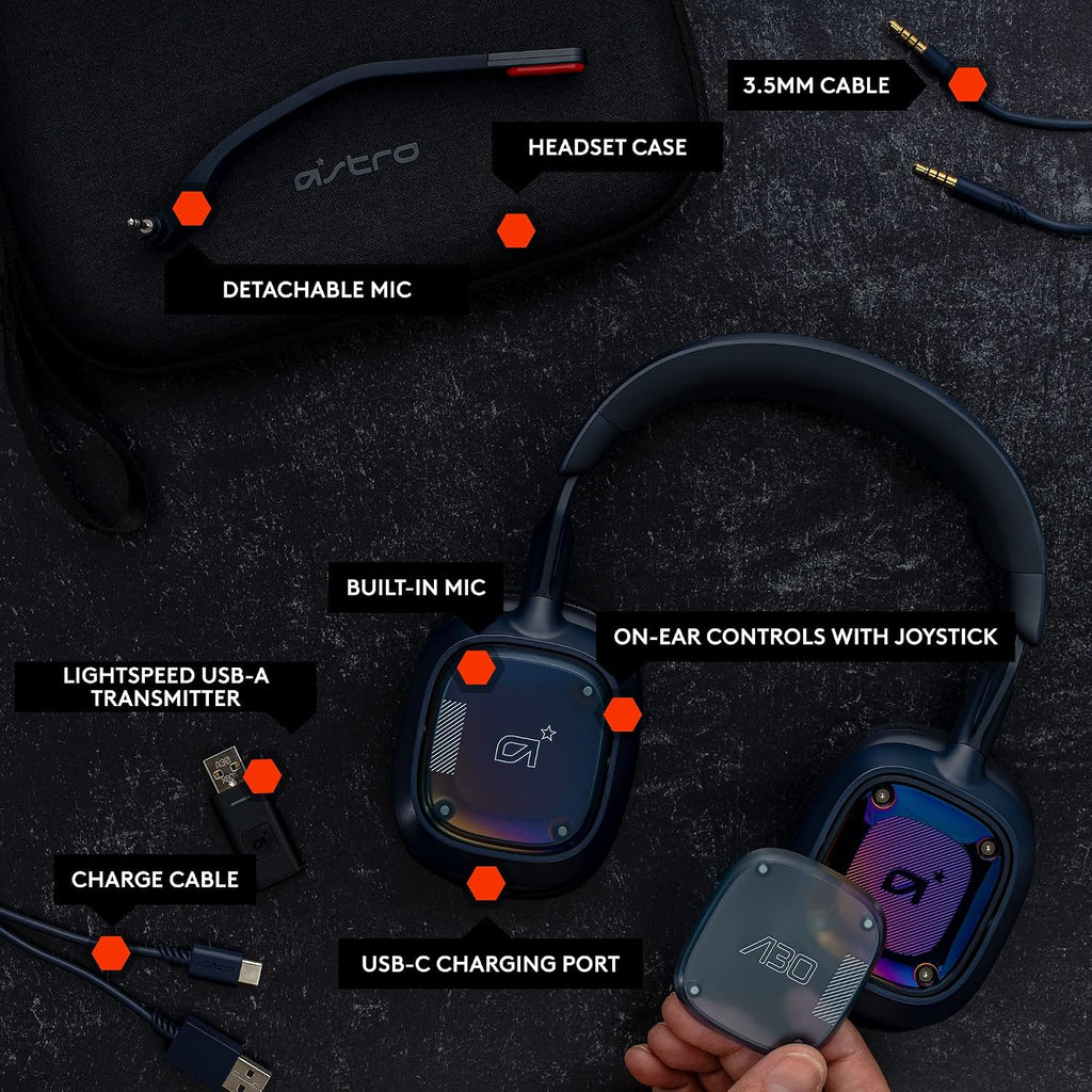 Logitech G Astro A30 Lightspeed Wireless Gaming Headset, Bluetooth Enabled, Dolby Atmos, Detachable Boom, 27h Battery, USBC Charging, for PS5, PS4, Xbox, Nintendo Switch, PC, Android - Blue (Renewed)