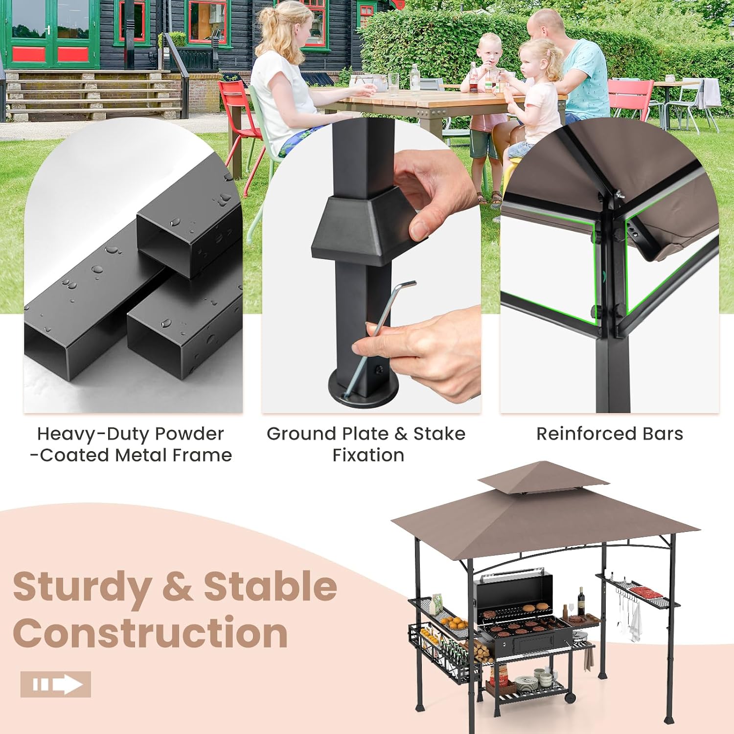 8 x 5 Ft Grill Gazebo Canopy, Double Tiered BBQ Gazebo for Outdoor Grill with 2 Side Shelf, Storage Basket, Ceiling Hook, Barbecue Bar Canopy Tent for Backyard Garden Patio Poolside (Coffee)