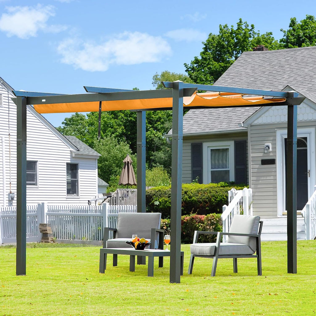 Domi 10'x10' Outdoor Retractable Pergola with Sun Shade Canopy, Pergolas and Gazebos Clearance, Patio Metal Canopy for Deck, Garden, Backyard(Wood-Looking)