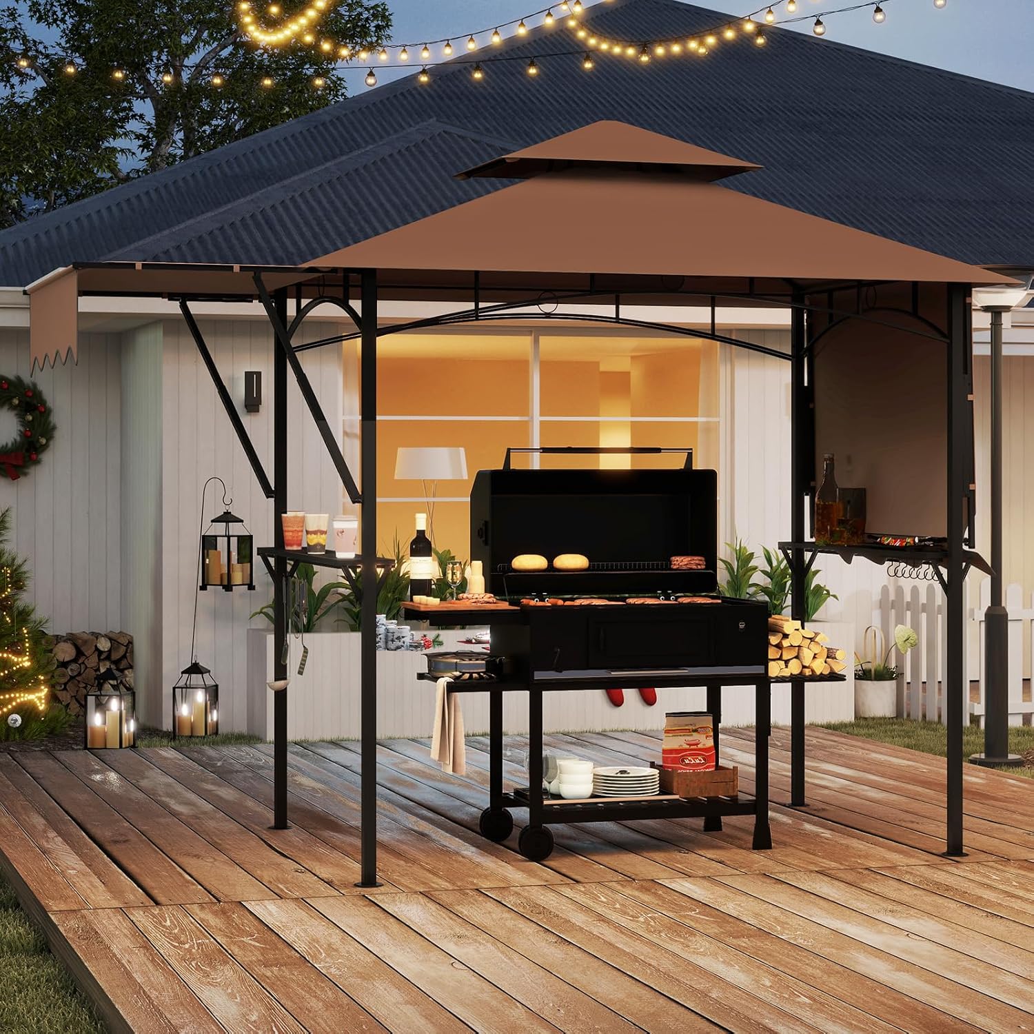 Tangkula 13x5 Ft Grill Gazebo with Dual Side Awnings, 2-Tier Barbecue Gazebo with 2 Shelves, 7 Hooks, Adjustable Shadow, Outdoor Grill Canopy for Backyard Garden Poolside (Coffee)