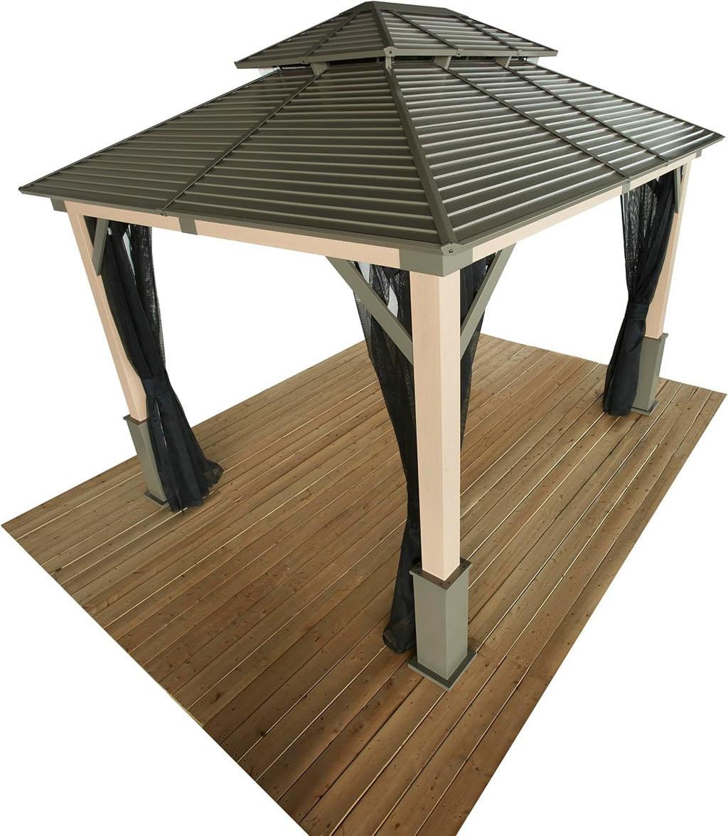 Tommy Bahama Edition Cove 10' x 12' Outdoor Hardtop Gazebo Pavilion for Backyard or Patio, Heavy-Duty Galvanized Steel Double Roof Gazebo, Wood Grain Finish