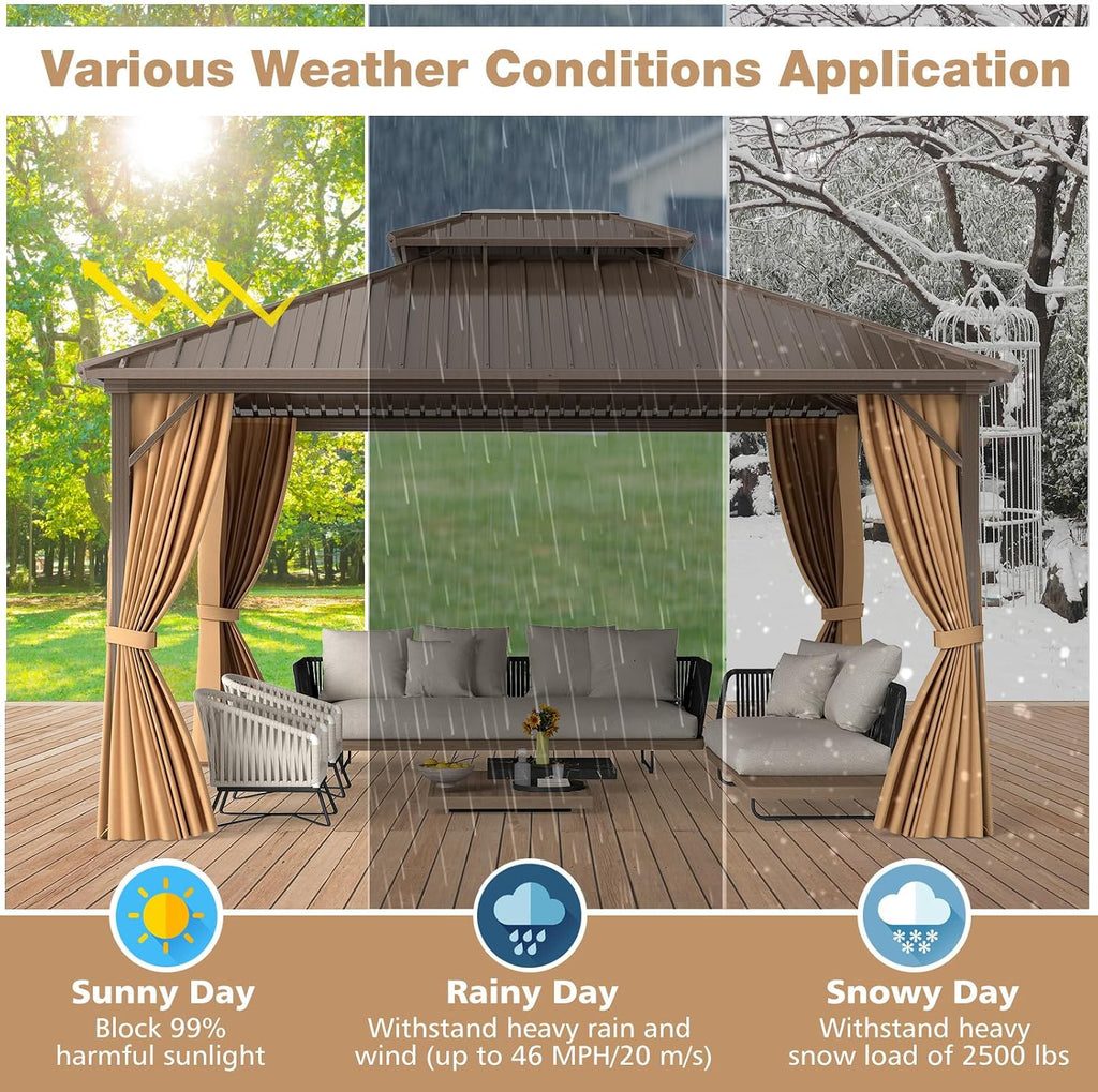 Tangkula 12x14 FT Hardtop Gazebo, Outdoor Permanent Pavilion Shelter with Netting & Curtain, Heavy-Duty Double Galvanized Metal Roof, Aluminum Frame, Outdoor Gazebo for Patio Garden Deck Lawn