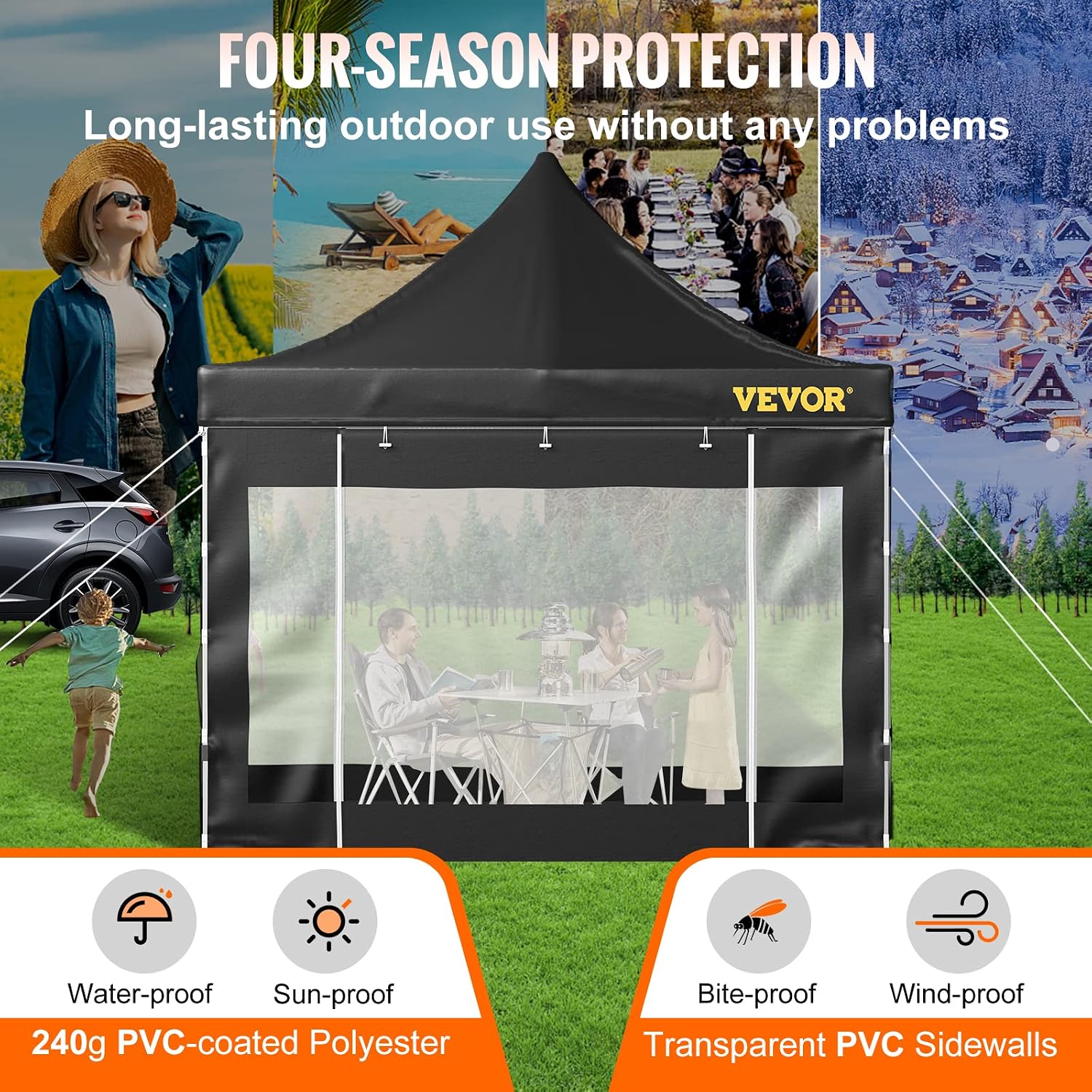 VEVOR 10x10 FT Pop up Canopy with Removable Sidewalls, Waterproof Winter Instant Canopies, Portable Gazebo Tent with Wheeled Bag, UV Resistant Enclosed Canopy for All-Weather Outdoor Events Black