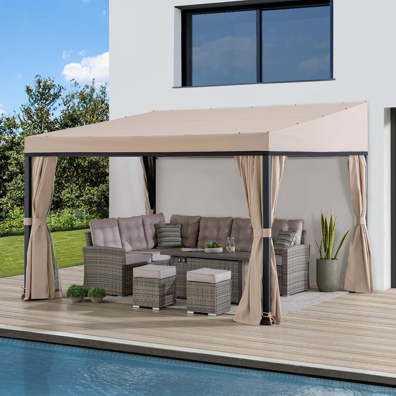 Sunjoy 10 x 12 ft Wall Mounted Gazebo with Weather Resistant Fabric Roof, Black Aluminum & Metal Frame Lean to Gazebo with Curtains and Netting