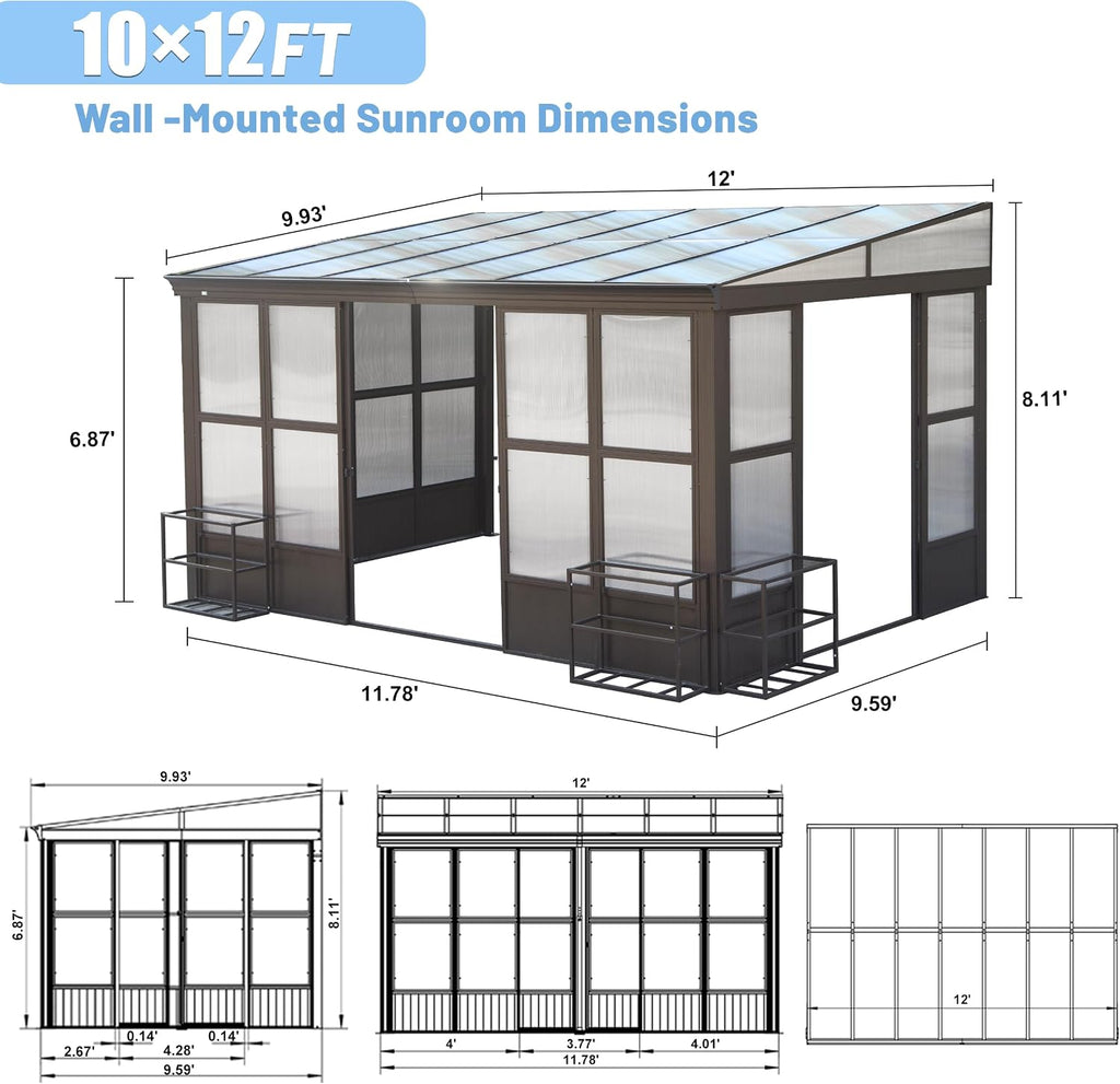 Domi 10x12FT All Season Sunroom, Outdoor Permanent Wall Mounted Solarium with Detachable Polycarbonate Windows, Aluminum Lean to Gazebo Sun Room with 2 Lockable Sliding Doors for Garden Patio Deck
