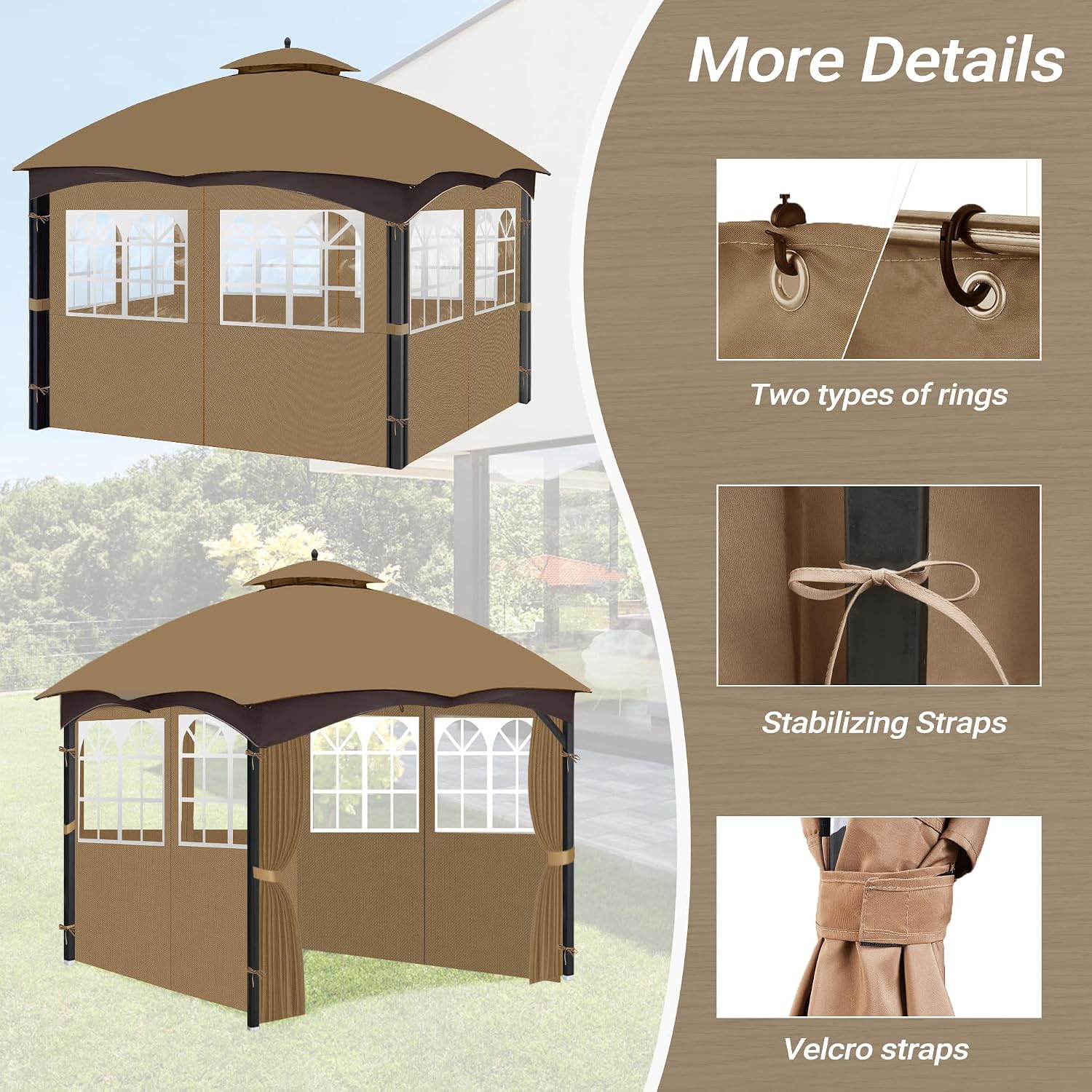 10'x12' Gazebo Curtains Outdoor Waterproof with PVC Windows, 4-Panel Sidewalls Universal Replacement Privacy Curtain, Outdoor Curtains for Patio, Backyard (Khaki)