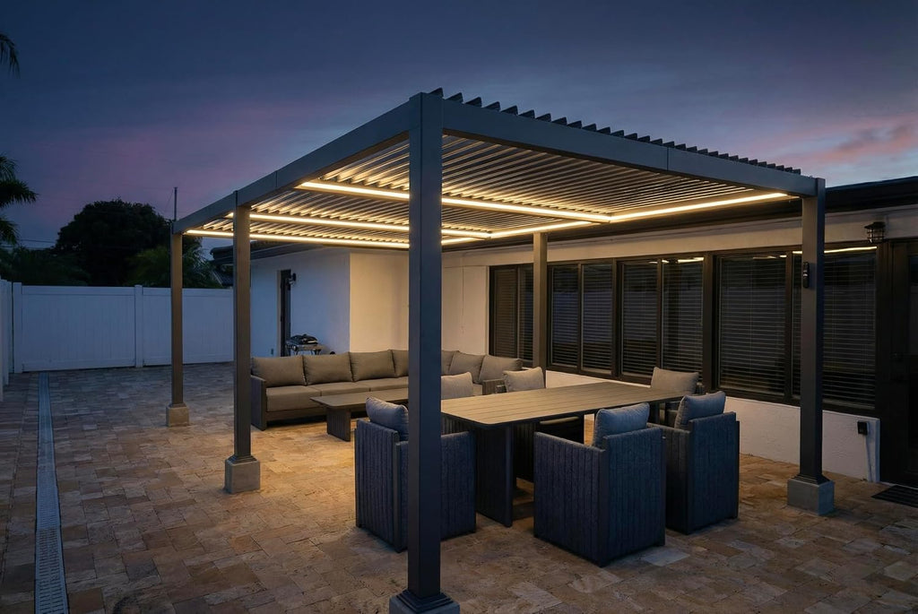 PURPLE LEAF Louvered Pergola 92KS 11.5' x 20.5' with LED Strip Lights Aluminum Modern Outdoor Pergola with Adjustable Louvered Roof for Patio Deck Garden Yard Gray