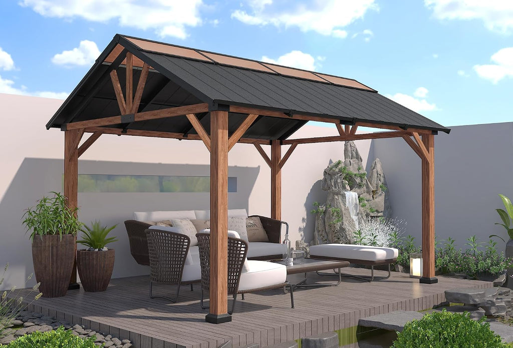 MACROUT 11'x13' Hardtop Gazebo with Gabel Roof Canopy and Aluminium Frame, Outdoor Grill Gazebo Pergola for Patio, Backyard and Party, 4944 (Gable Roof + Brown Frame, 11'x13')