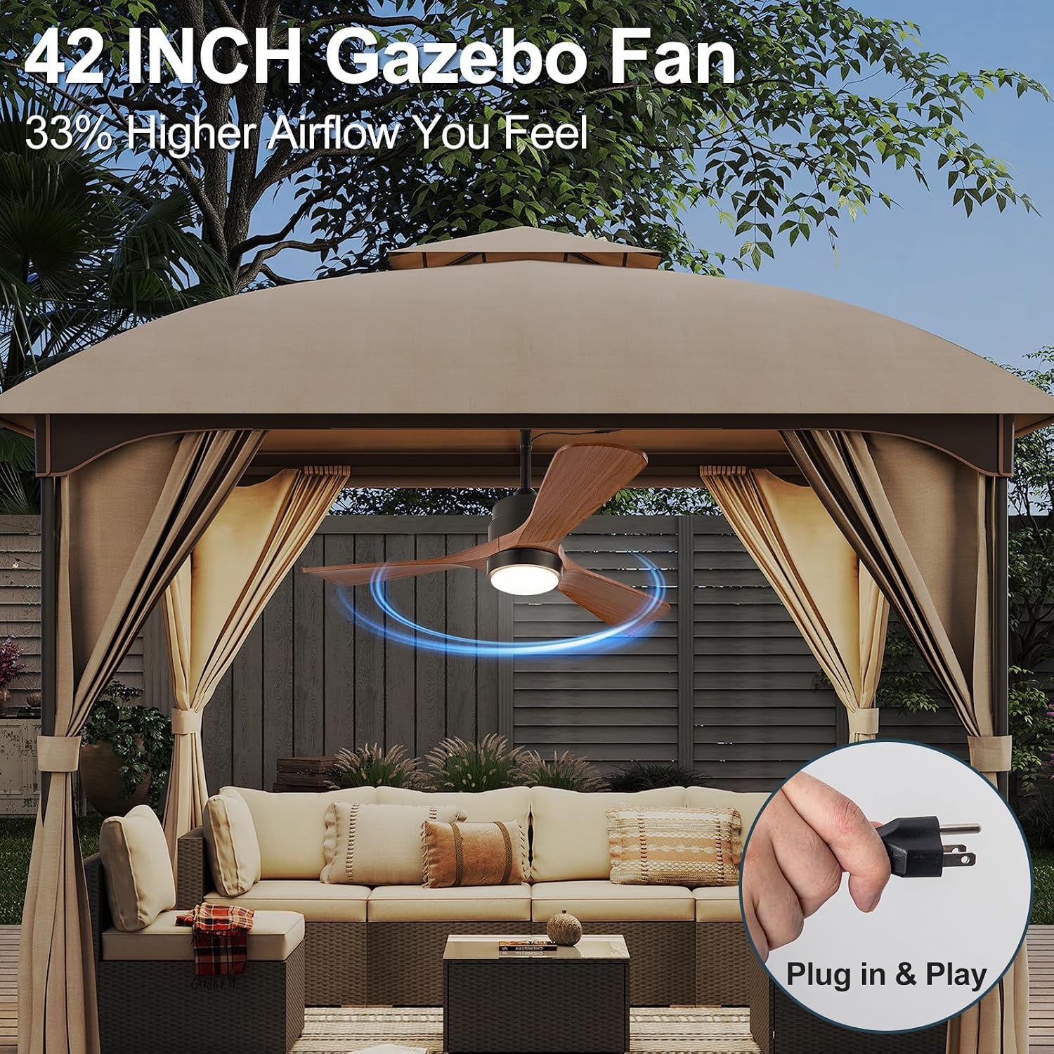 42 inch Gazebo Ceiling Fans Outdoor Hanging Waterproof, Wet Rated Oudoor Ceiling Fans for Patios with Light, 6 Speed Remote, Plug in Cord Outlet Hook for Outside Porch, Pergola, Garage-Wulnut