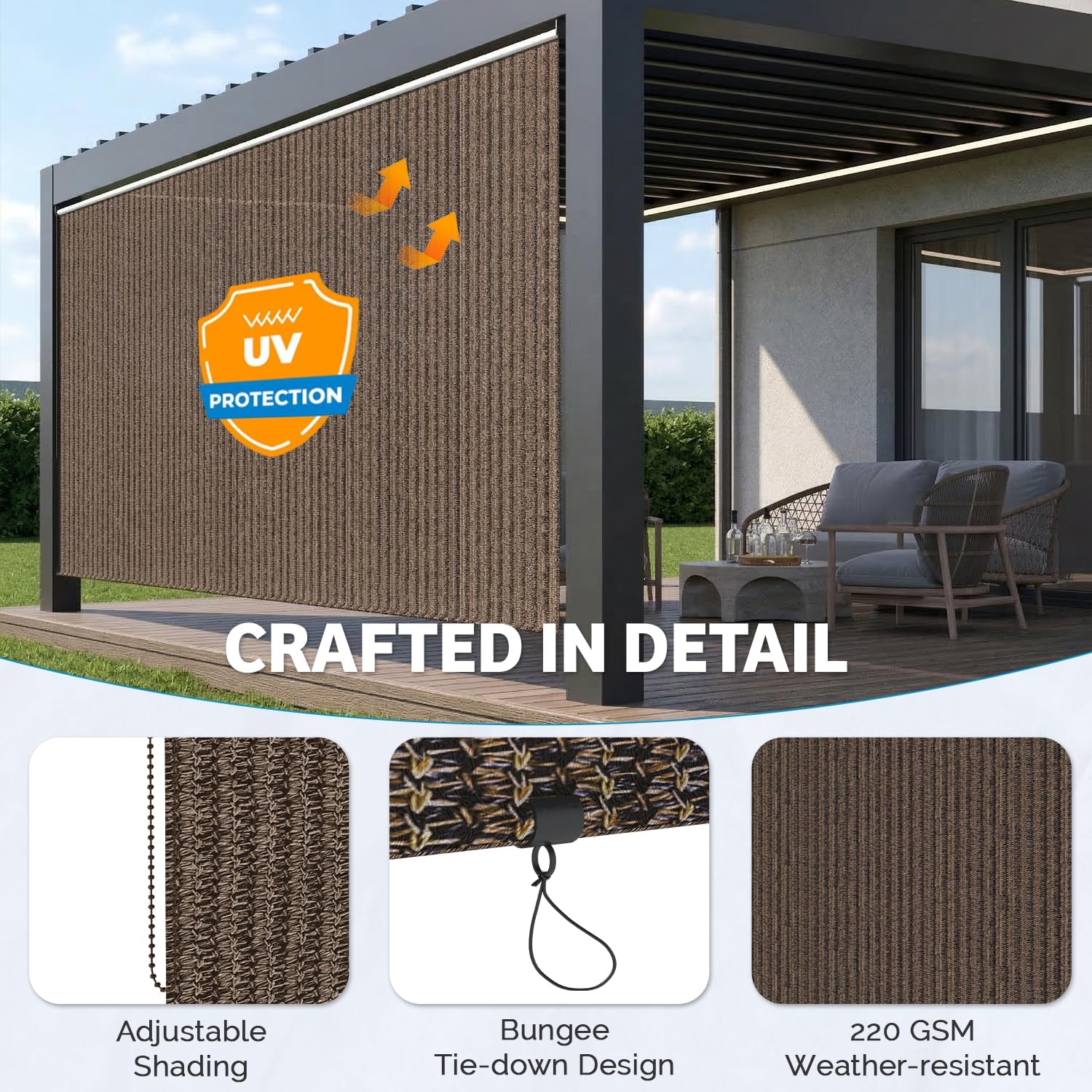 U-MAX Outdoor Roller Shade, 10'(W) x10'(H) Sun Shade Cover Canopy with 99% UV Protection, 220GSM HDPE Exterior Cordless Roll Up Blinds Privacy Screen for Patio, Pergola, Gazebo, Mocha