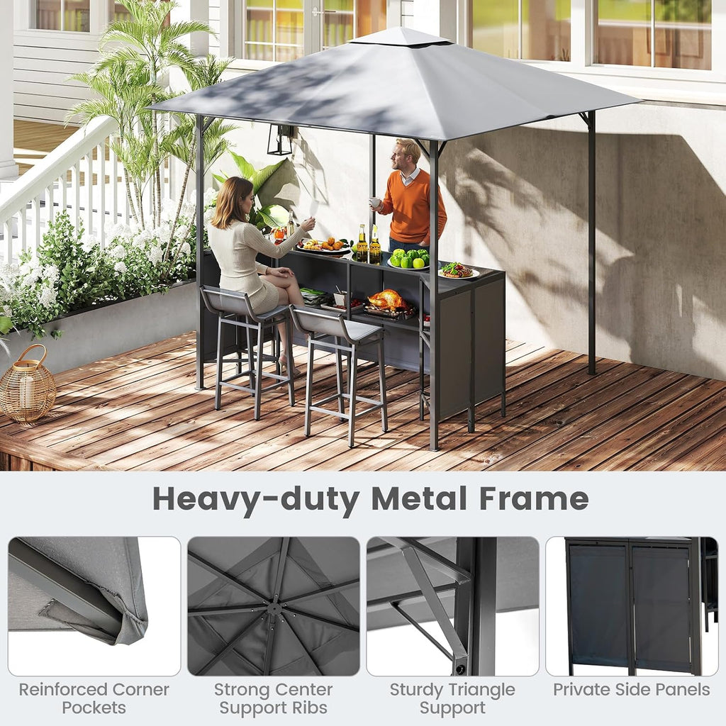 Tangkula 3 Piece Patio Bar Set, 8x8 FT Double-Tier Grill Gazebo with 2 Bar Stools, Tempered Glass Top, Metal Storage Shelf, Glass Holders, Outdoor Shelter for BBQ Party Poolside Garden (Grey)