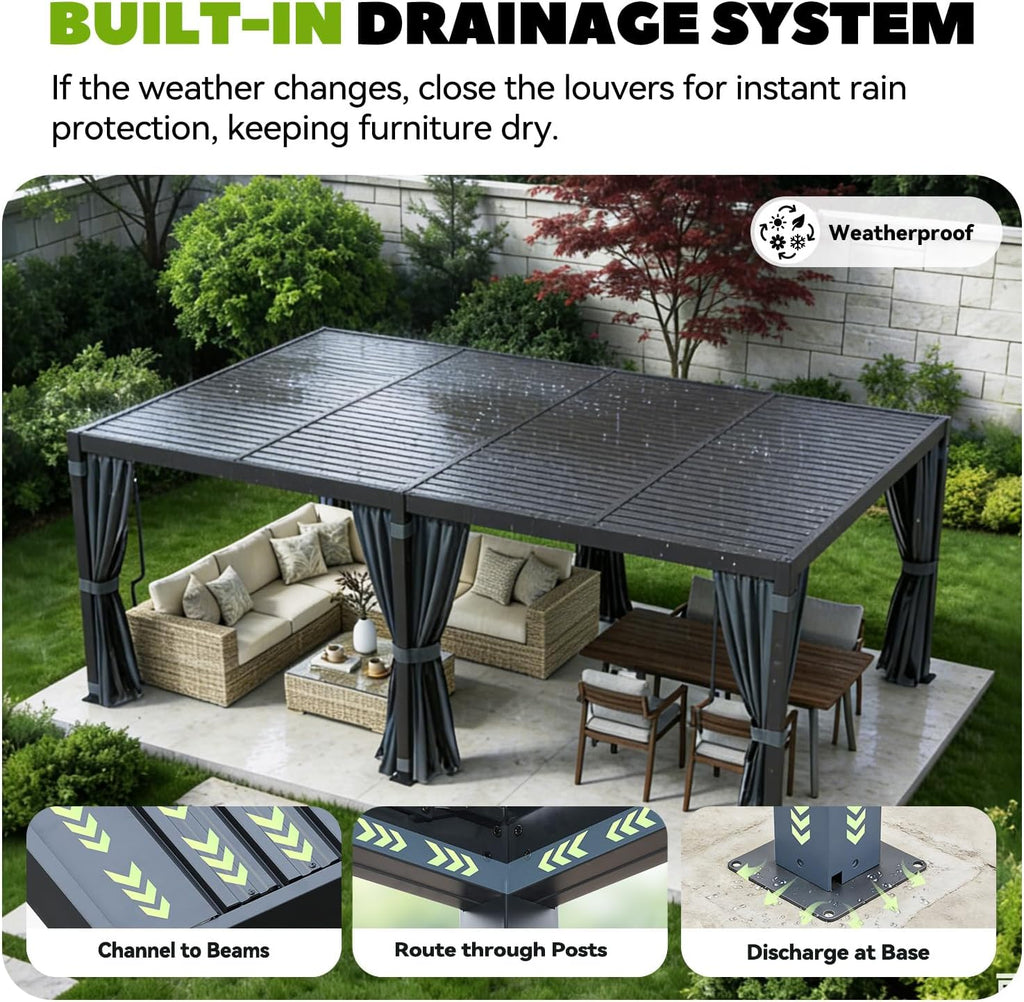 MELLCOM Louvered Pergola 12x20, Steel Aluminum Pergola with Adjustable Louvered Roofs, Outdoor Gazebo with Waterproof Curtains and Nets, Black