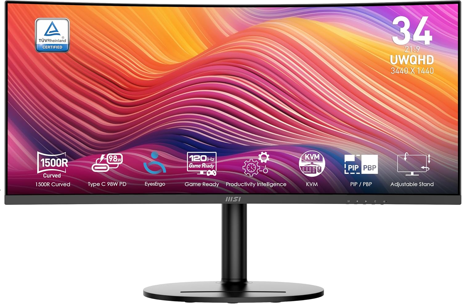 msi Modern MD342CQP 34 in VA 3440 x 1440(UWQHD) Computer Monitor, 120Hz, 1800 Curved, Adaptive-Sync, HDMI, DP, USBC 98W Power Delivery, KVM, Height Adjustable, VESA, Speaker, 1ms, Black