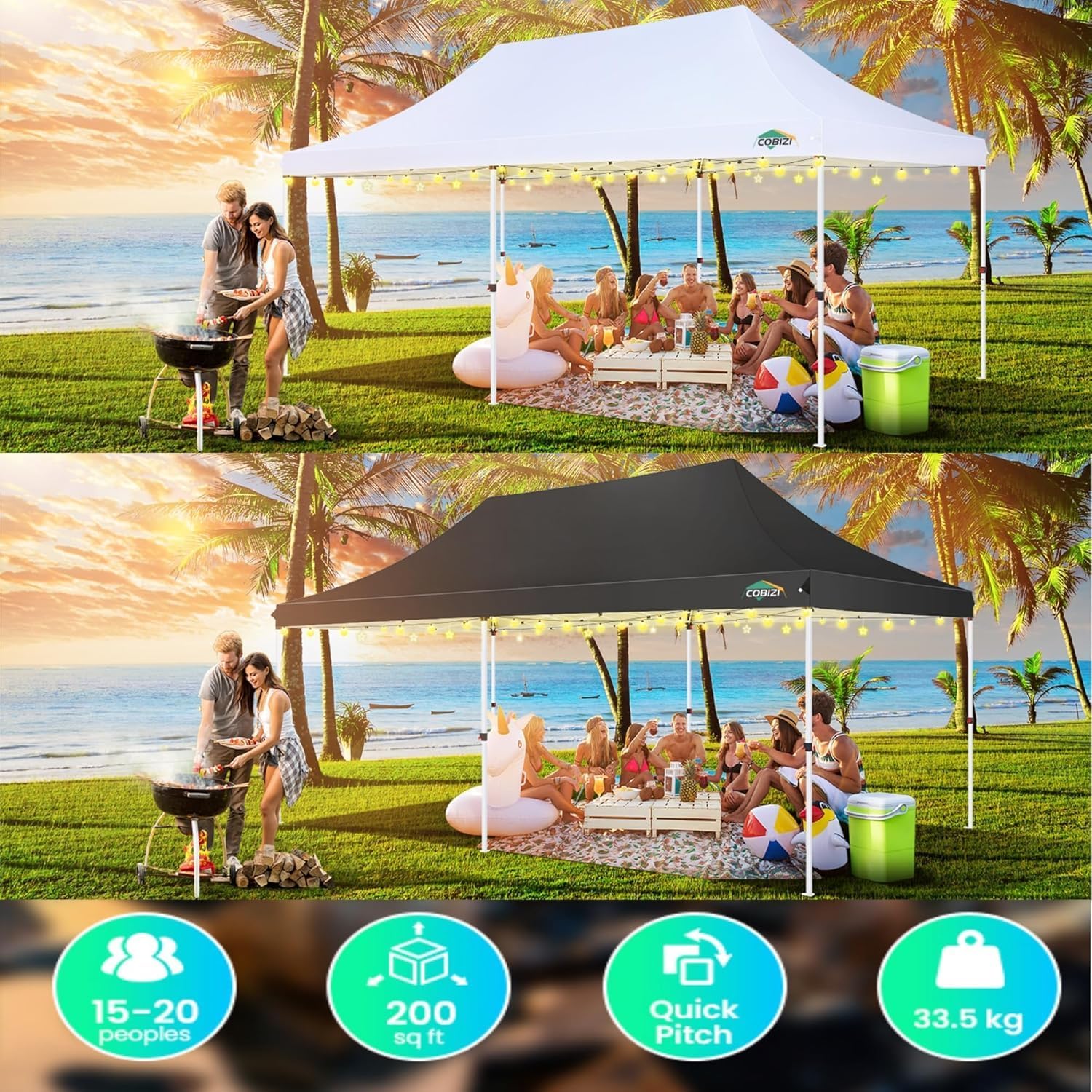 COBIZI 10x20 Pop Up Canopy Tent with Sidewalls,Party Tent Outdoor Gazebos, Waterproof & UV50+,3 Adjustable Heights,Higher Frame Design - Extra Tall for Parties Backyard,Weddings,Markets, White