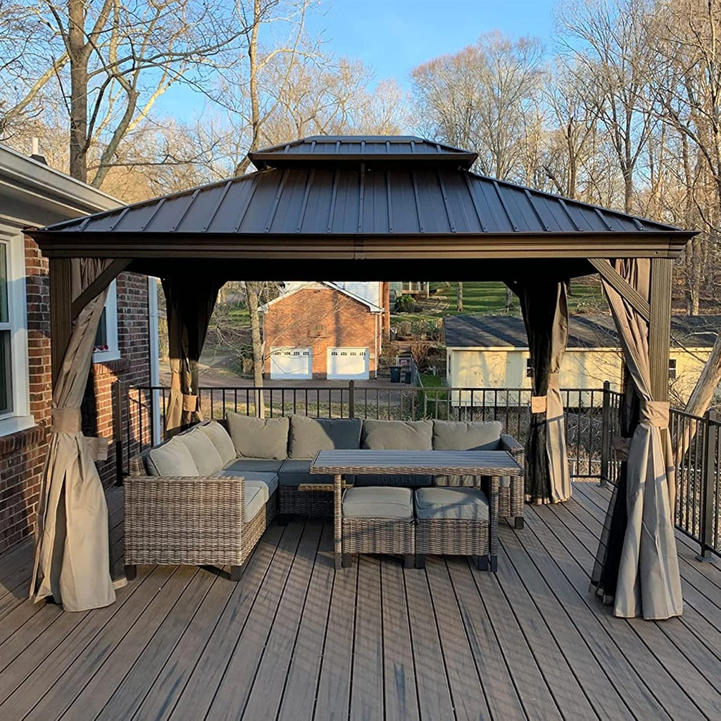 Domi 10'x12' Hardtop Gazebo with Aluminum Frame, Outdoor Metal Gazebo with Galvanized Steel Double Roof, Heavy Duty Curtains and Netting Included, Permanent Pergola for Backyard, Garden Lawn, Brown