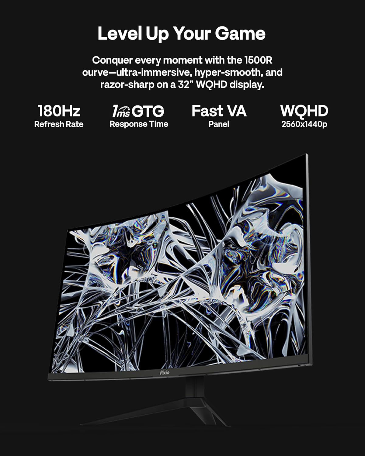 Pixio PXC328 32 inch 180Hz Refresh Rate QHD 1440p Resolution 1500R Curved Fast VA Panel 1ms GTG Response Time Adaptive Sync HDR Curved Gaming Monitor