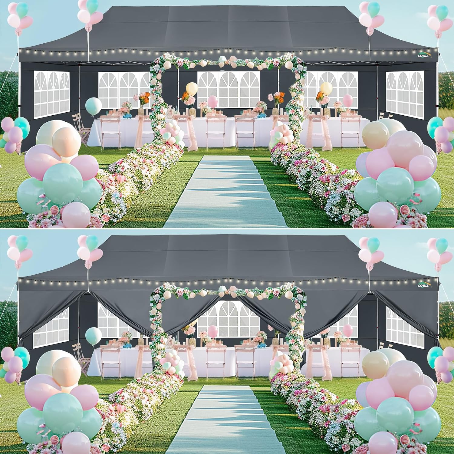 COBIZI 10x30 Pop up Canopy with Roller Bag & 8 Removable Sidewalls, Canopy Tent for Parties, Wedding, and Commercials, Waterproof and Instant Shelter UV50+ Outdoor Gazebo with 4 Sandbags(Gray)
